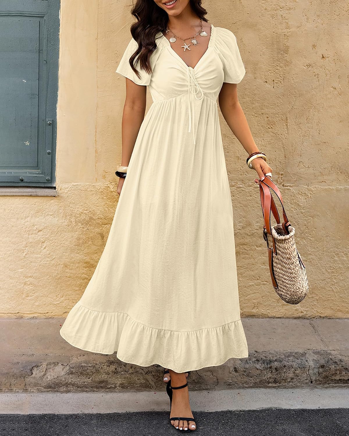 Detalle de BTFBM Women's Summer Maxi Dress 2026: Casual V-Neck Drawstring Boho Beach Gown