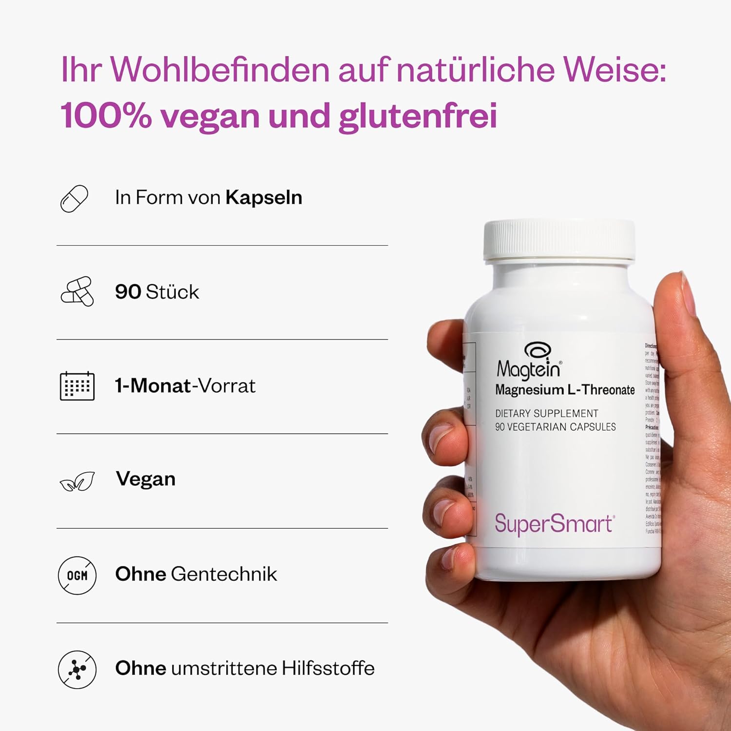 Thumbnail 4 de SuperSmart Magnesium L‑Threonat (Magtein®) – 60 Kapseln für weniger Müdigkeit & Unterstützung von Nerven und Muskeln