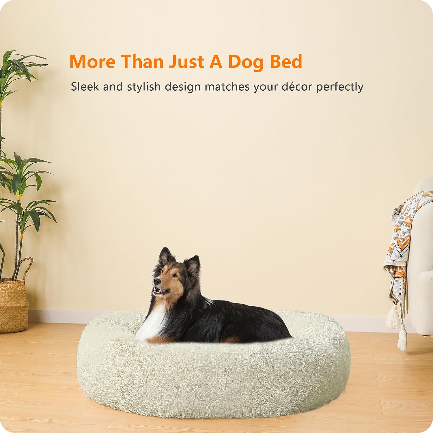 Detalle 2 de HMTOPE Orthopädisches rundes Hundebett 80 cm Ø – Beigefarbenes Donut-Kuschelbett mit Waschbarem Bezug