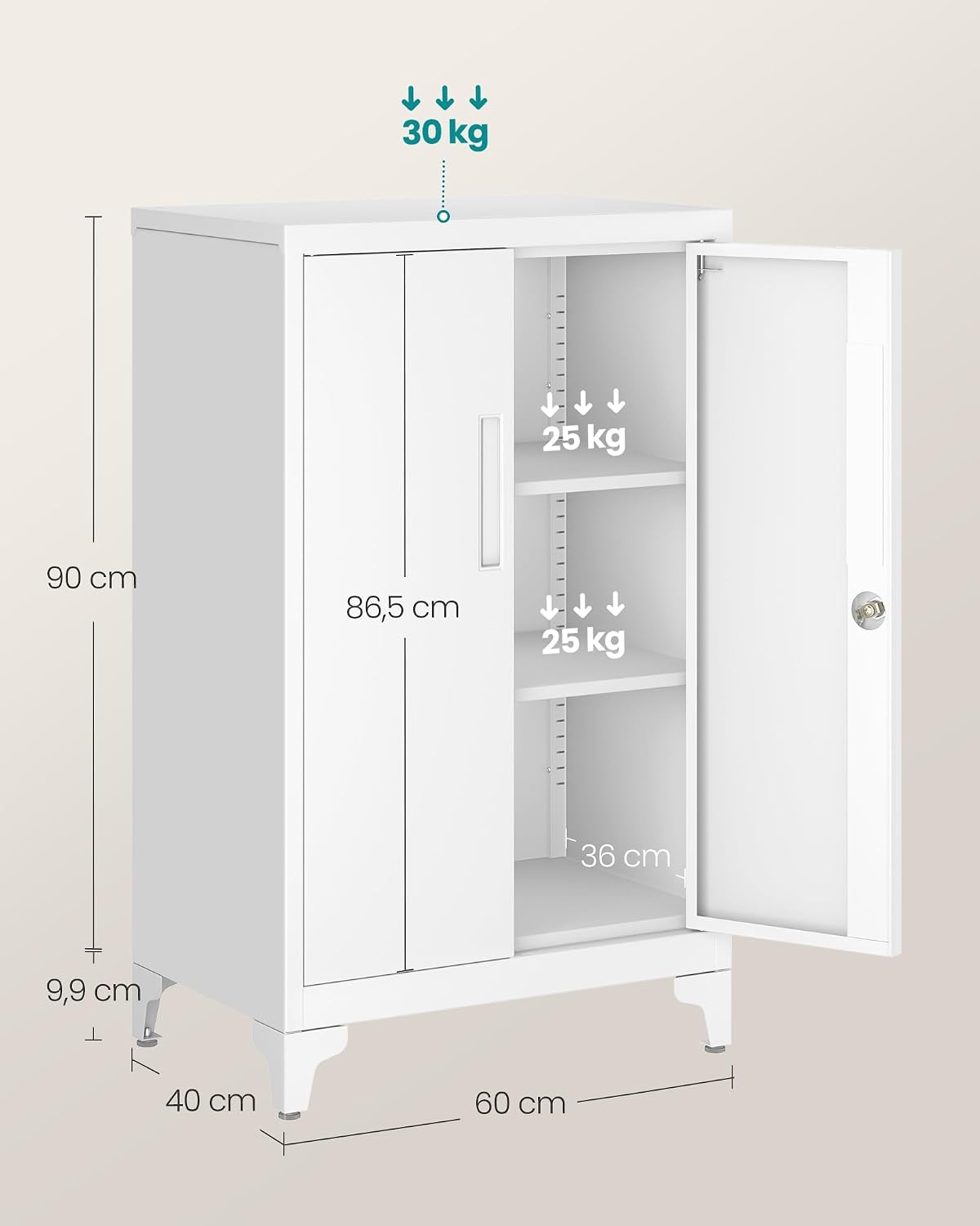 Detalle de SONGMICS Aktenschrank OMC012W01 – robuster Mehrzweckschrank mit 2 Türen, abschließbar