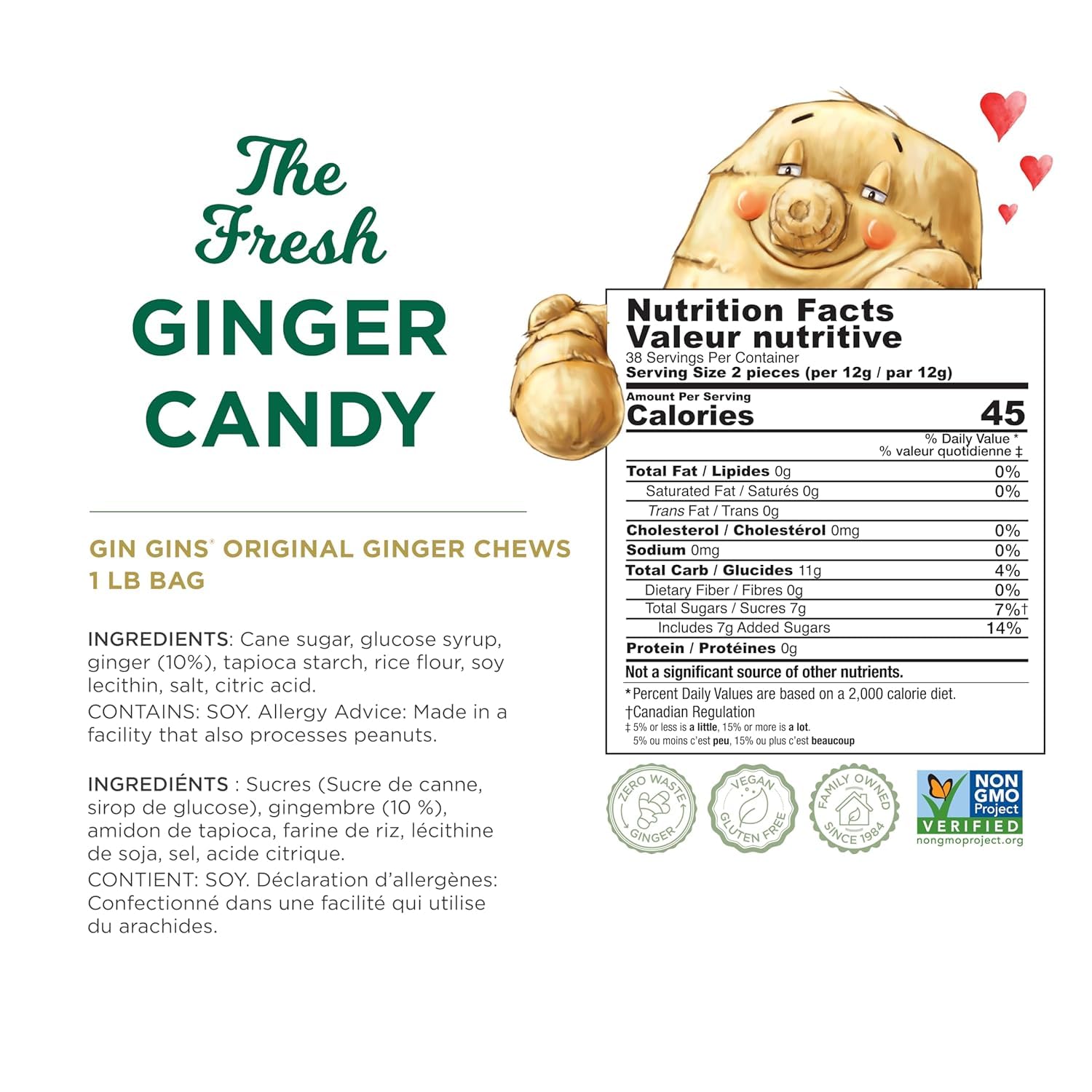 Detalle de GIN GINS Original Ginger Chews, 10% Fresh Ginger, 1 lb, 2-Pack