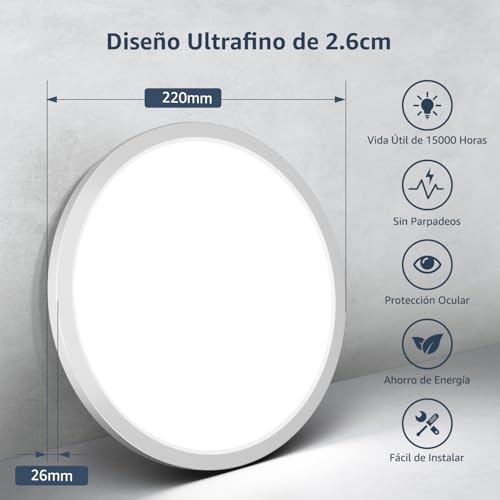 Thumbnail 2 de Lepro Pláfon LED de techo para cocina y baño, blanco frío 5000K, 18W y 1800 lm, IP44 ultrafino (Ø22 cm)