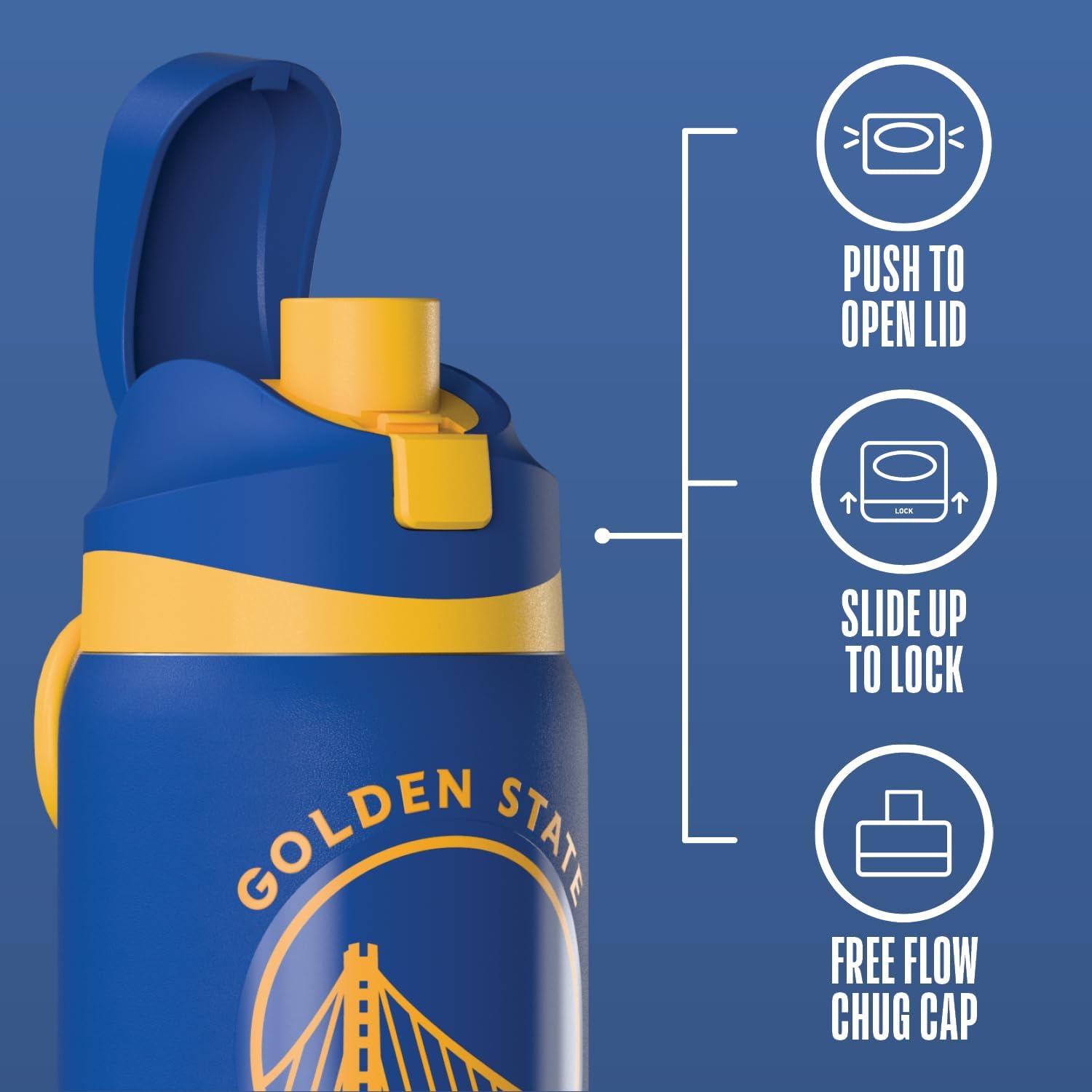 Detalle de Hydrapeak x NBA Golden State Warriors 32 oz Oasis Insulated Water Bottle with Push-Button Chug Lid