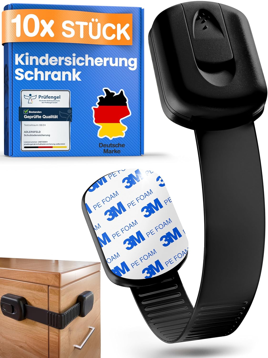 ADLERSFELD 10x Kindersicherung Schrank – mit 3M Kleber, rückstandsfrei entfernbar, BPA-frei