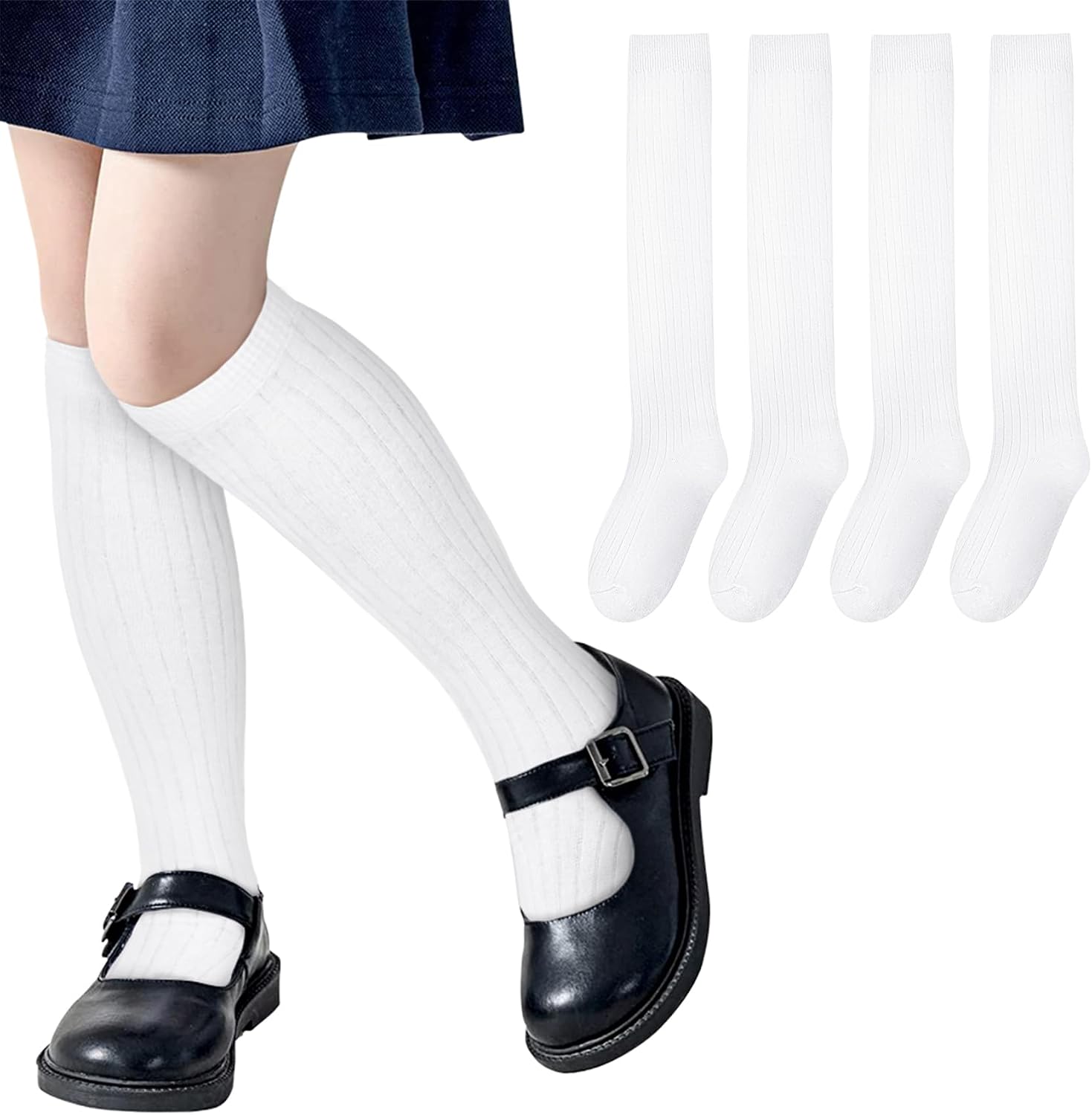 Detalle de Chalier Girls’ Knee-High Socks, 4 Pairs