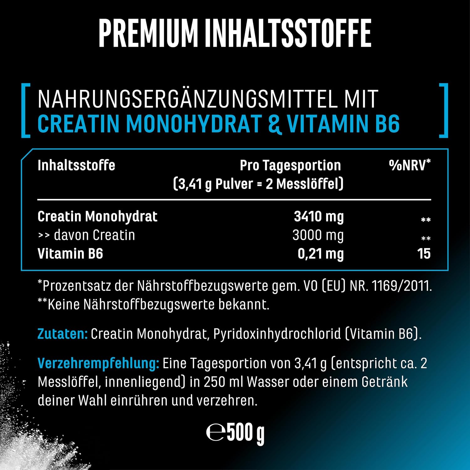 Detalle de Creatin Monohydrat Pulver (500 g, 146 Portionen) – mikrofein & vegan