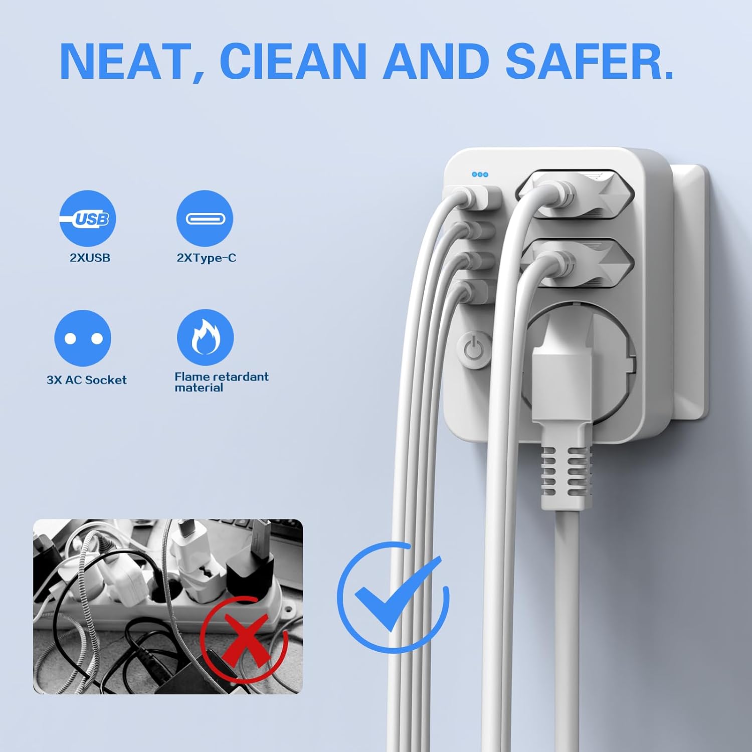 Detalle de HANYEAL Mehrfachsteckdose mit USB – 6-in-1 Reise- und Haushaltslösung (EU-Stecker, 2 Schuko, Typ-C Schnellladung, 3 USB)