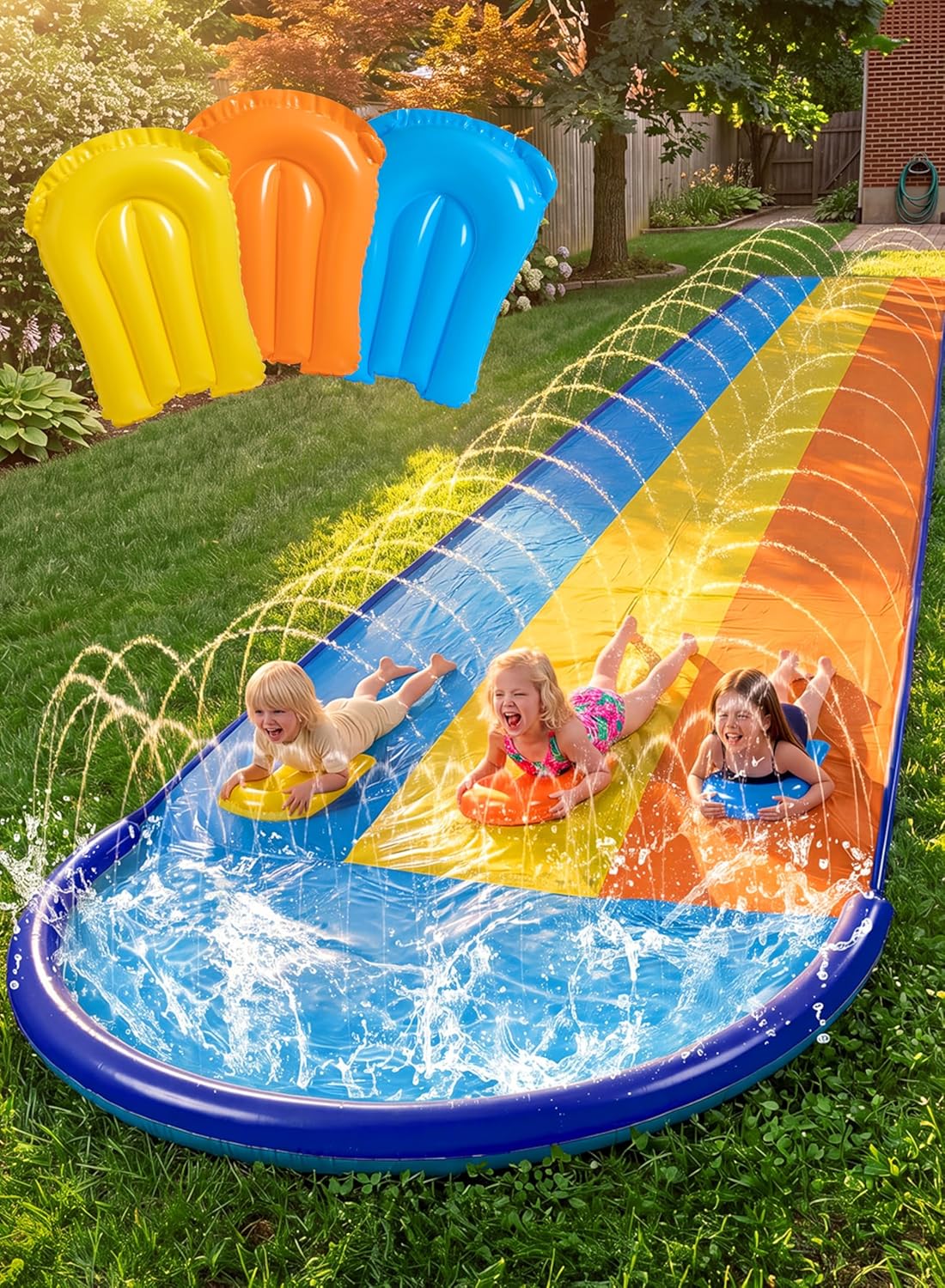 Detalle de Sloosh 18 ft / 548 cm dreispurige Rasen-Wasserrutsche mit Sprinkler & 3 Bodyboards