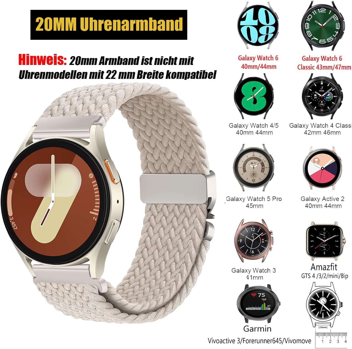 Detalle de SOLOLUP 2er Set Geflochtenes 20 mm Nylon Armband für Samsung Galaxy Watch 7/6/5/4 und Garmin Vivoactive – elastisch, atmungsaktiv, mit verbessertem Fallschirm-Schnallensystem