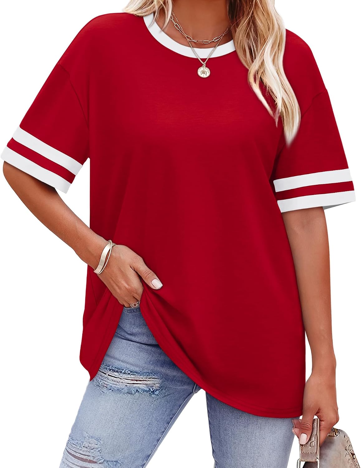 Detalle de WIHOLL Women's Loose Fit Short Sleeve Color Block Tee