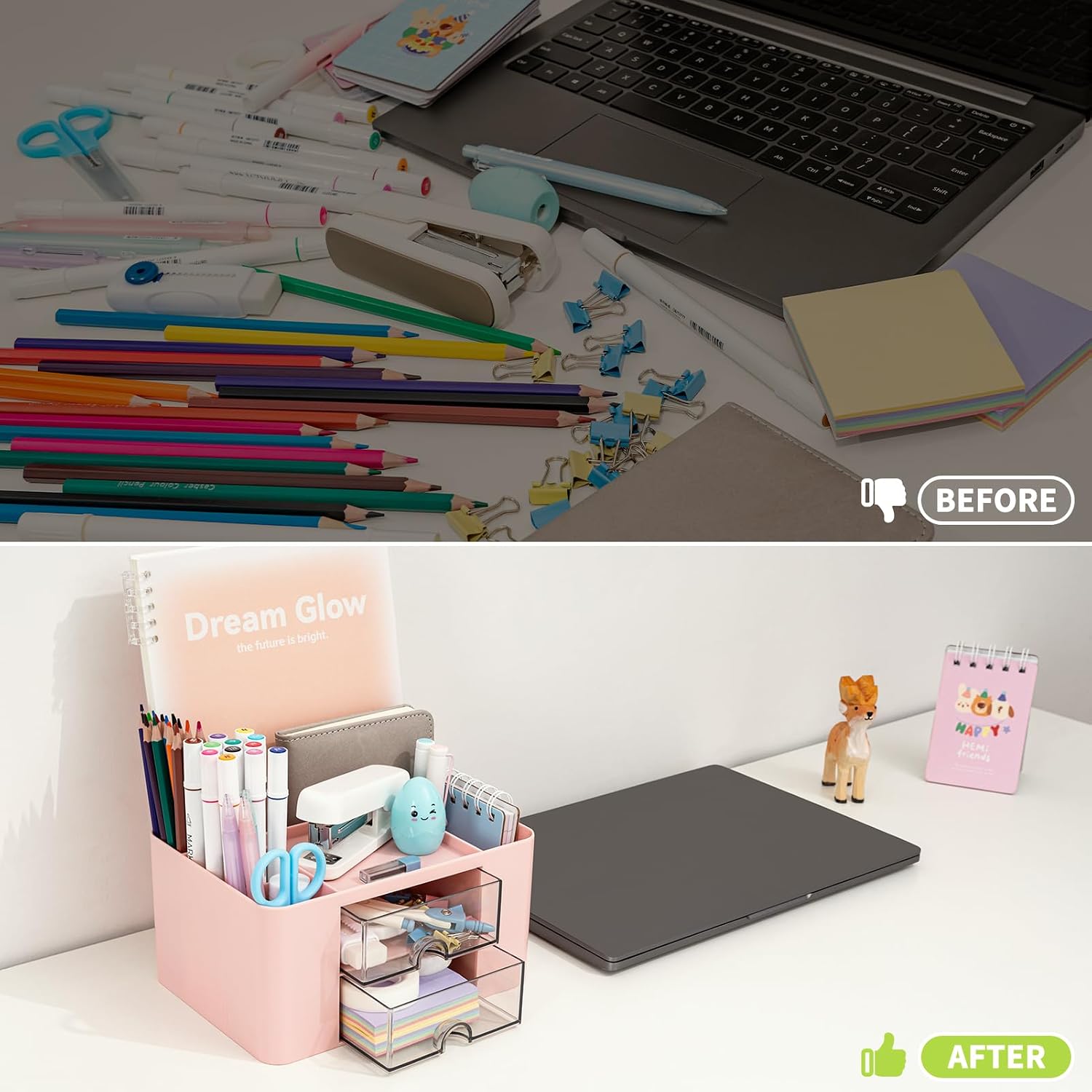 Thumbnail 4 de RISEMART Desk Organiser with 2 Drawers (Pink) – Large Capacity Desk Tidy for Office, School and Makeup