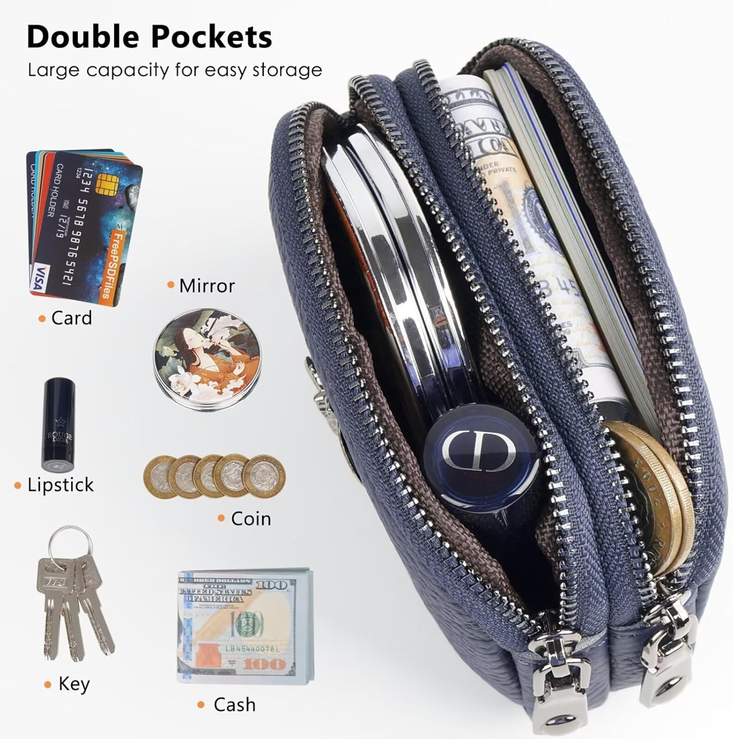 Thumbnail 2 de MAVHVAM Ladies Genuine Leather Small Purse for Women – Blue Mini Coin Wallet with Double Zip
