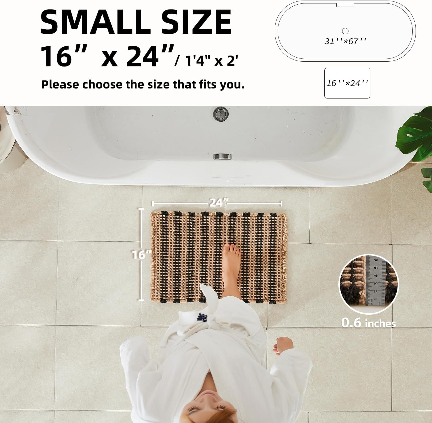 Detalle de TYUU Waffle Bath Mat, 24x16 Black and Khaki Green Polyester Rug
