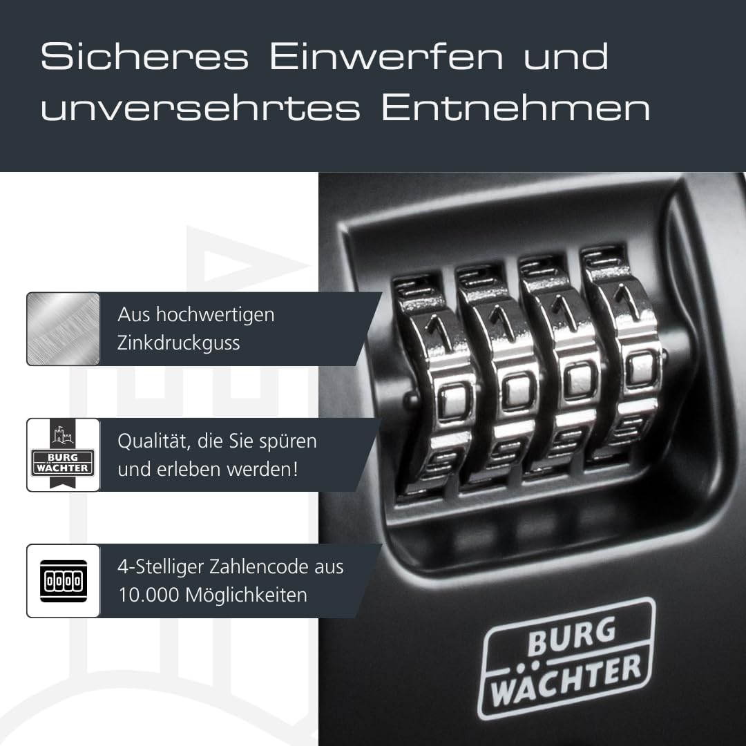 Thumbnail 4 de BURG-WÄCHTER Schlüsseltresor Key Safe 10 SB – 4-stelliger Code, Wandmontage, 85x61x39 mm, Schwarz
