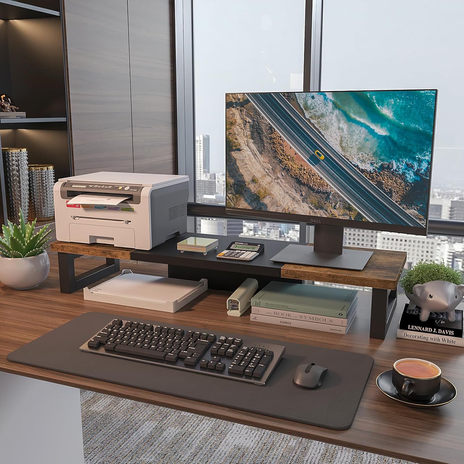 Detalle 2 de WESTREE Dual Monitor Riser Stand, Large Rustic Brown Wood Desktop Shelf
