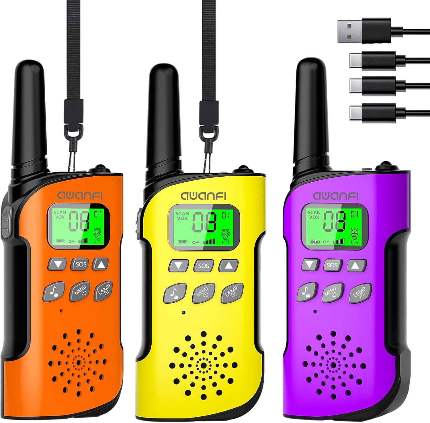 Detalle de AWANFI Walkie Talkie Kinder-Set: Wiederaufladbar, VOX, Taschenlampe und 3-km-Reichweite