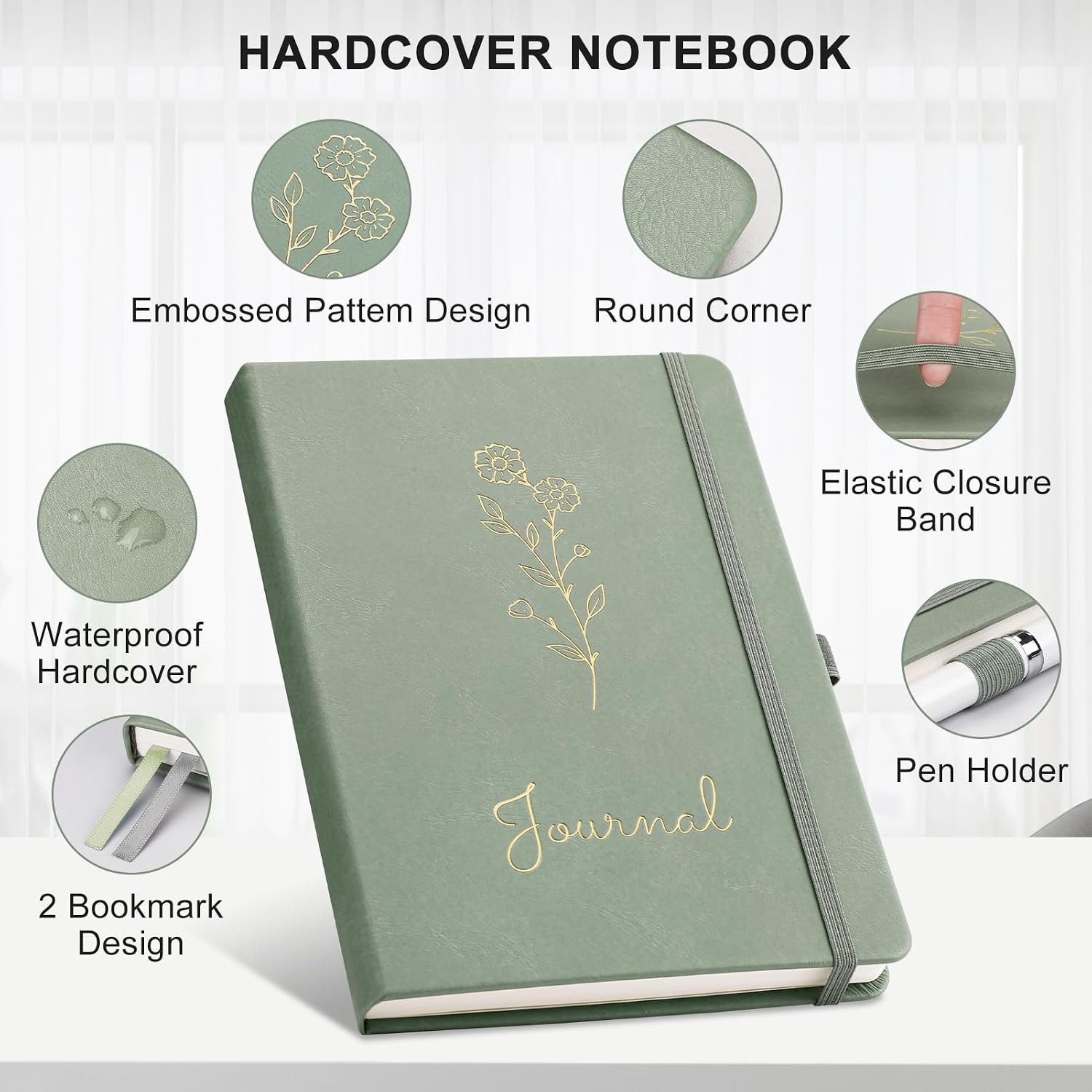 Detalle de AUTEMPO A5 Lined Hardback Journal Notebook (Sage Green) – 192 Pages, 100gsm