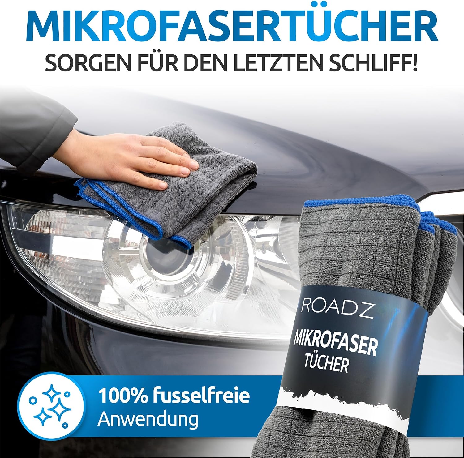 Detalle de ROADZ Premium 3in1 Autoreinigungsset – Waschbürsten-Überzug, Felgenbürste und Mikrofasertücher