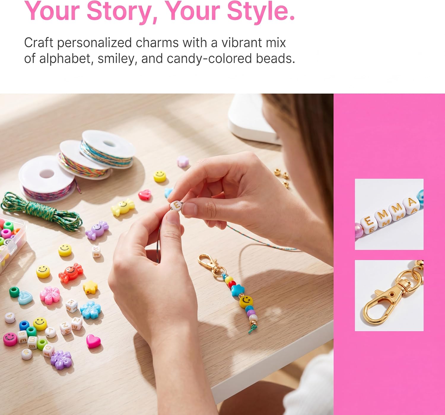 Detalle de FIJEMAI 421-Piece Beaded Keychain Kit with Acrylic Alphabet and Shape Beads