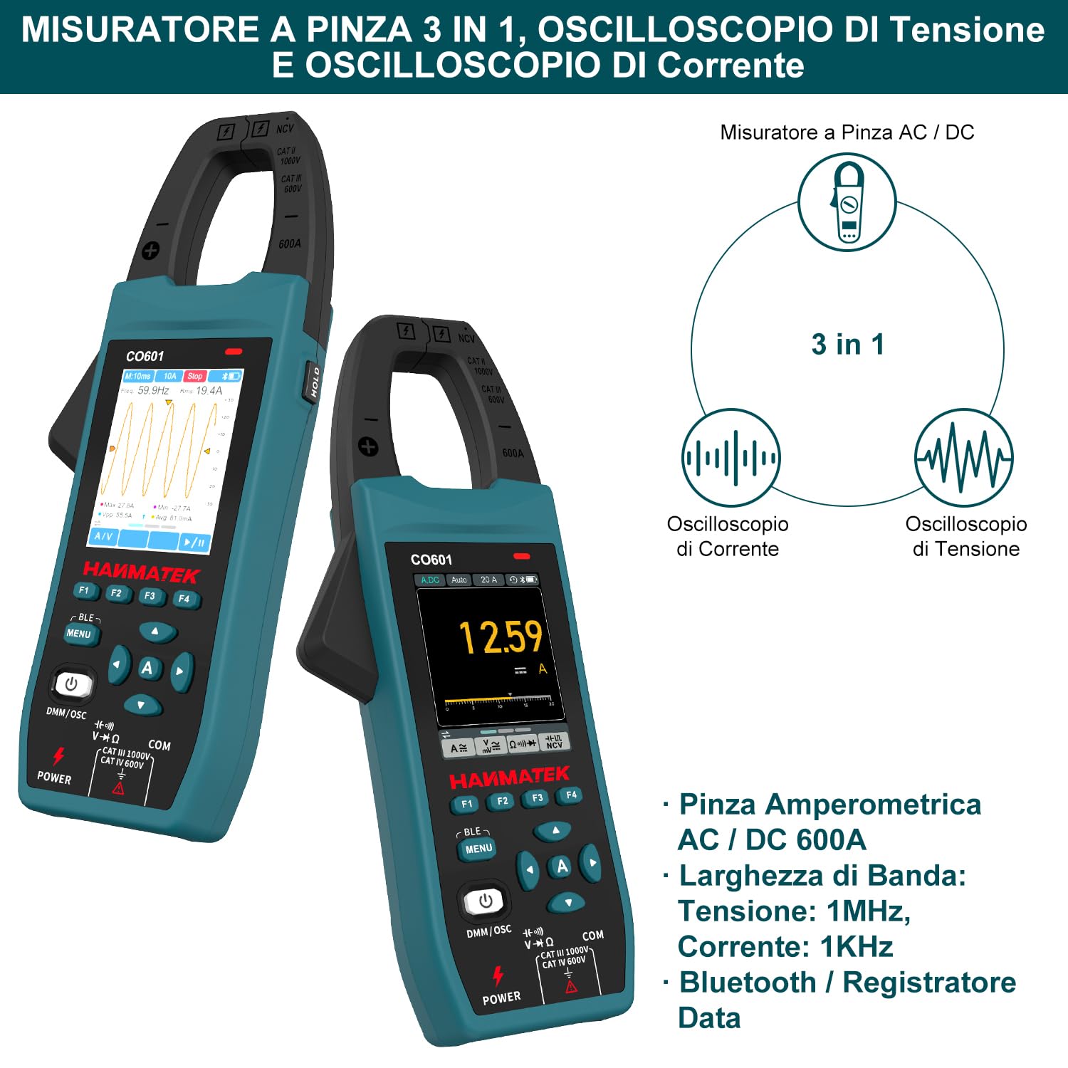 Detalle de HANMATEK CO601: Multimetro con Oscilloscopio 2 in 1, Pinza Amperometrica Professionale