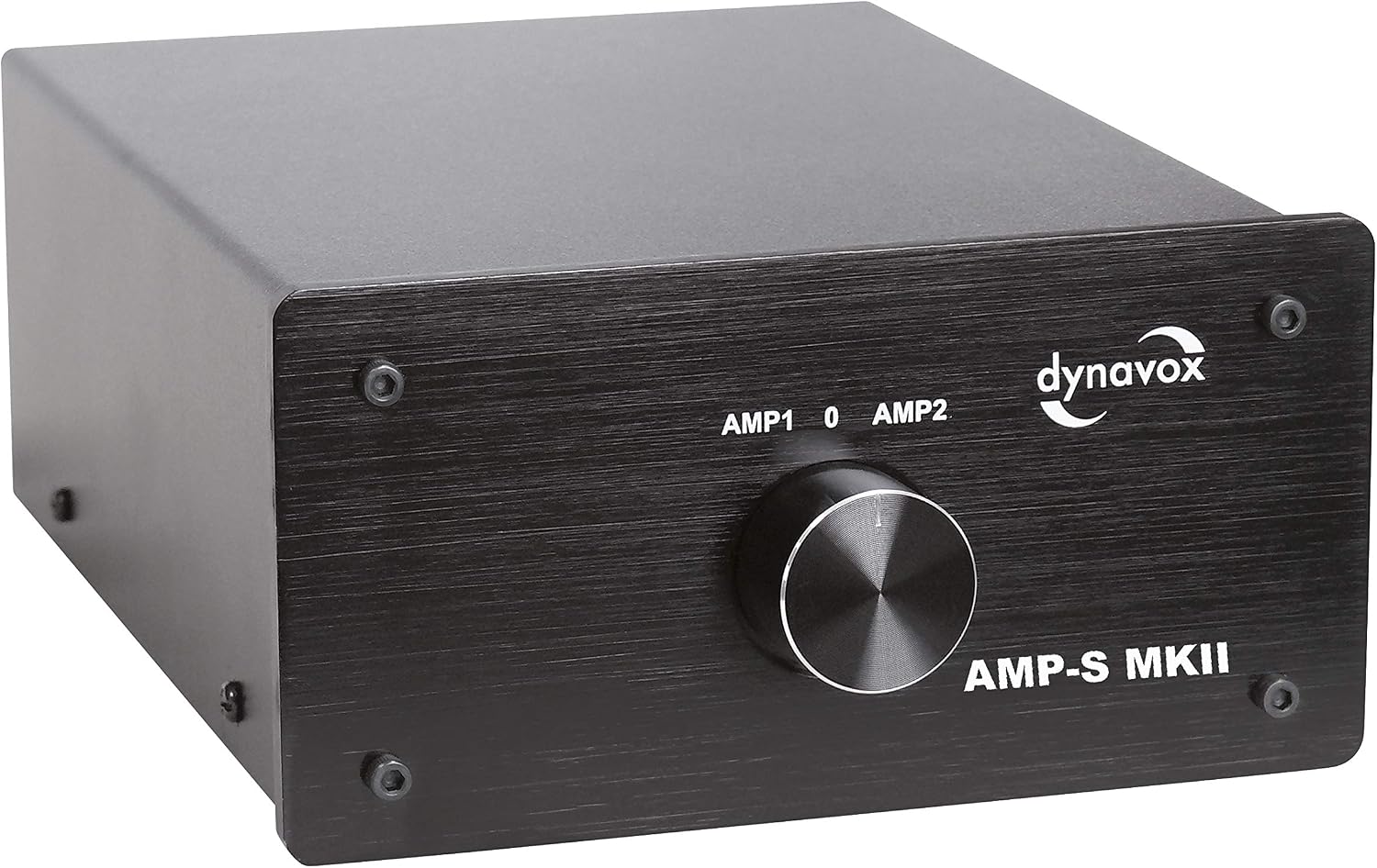 Detalle de Dynavox AMP-S MKII – przełącznik wzmacniacza i głośników, metalowa obudowa