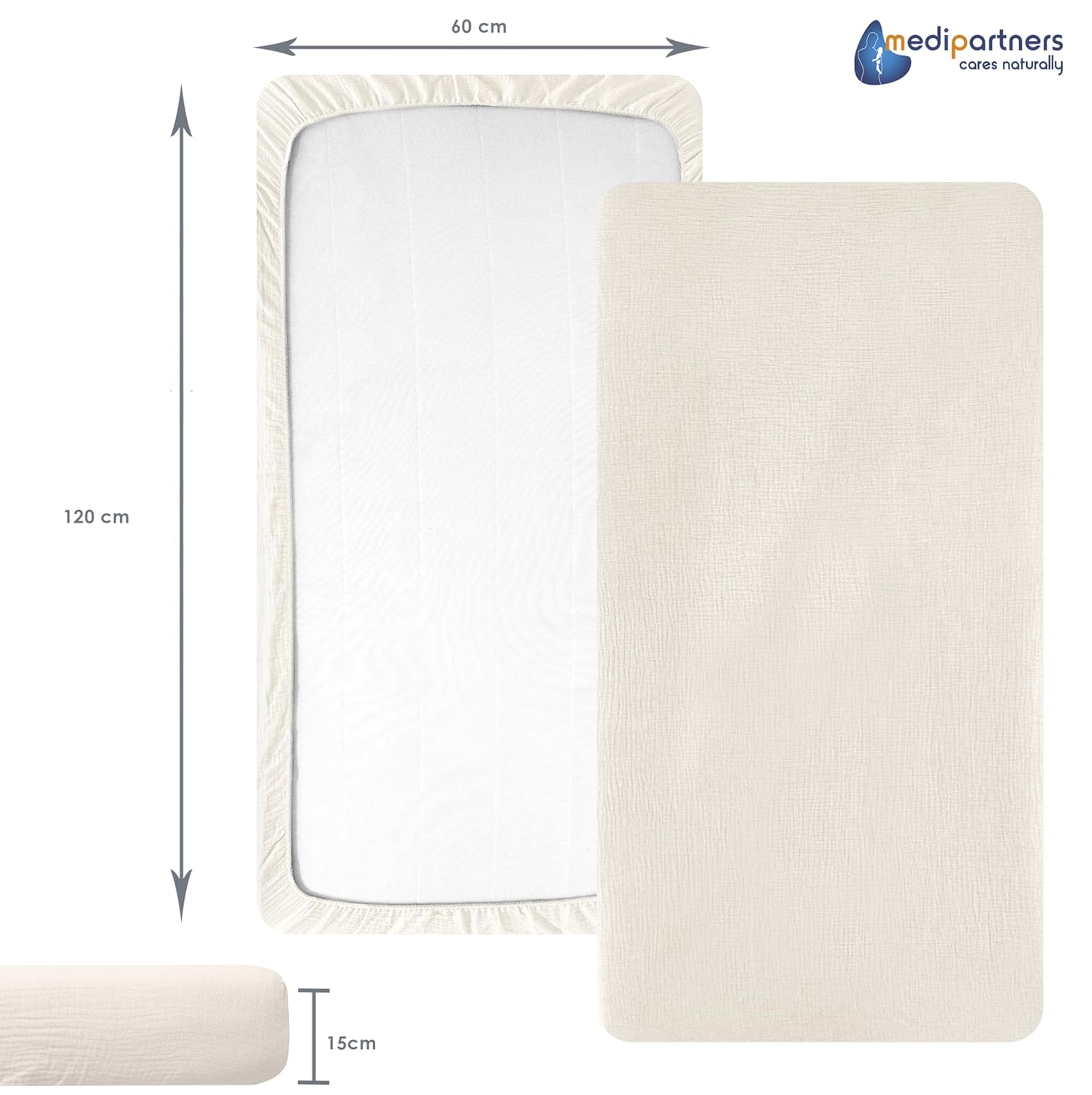 Detalle de Medi Partners Spannbettlaken Musselin 60x120 – 100% Baumwolle, atmungsaktiv und passgenau