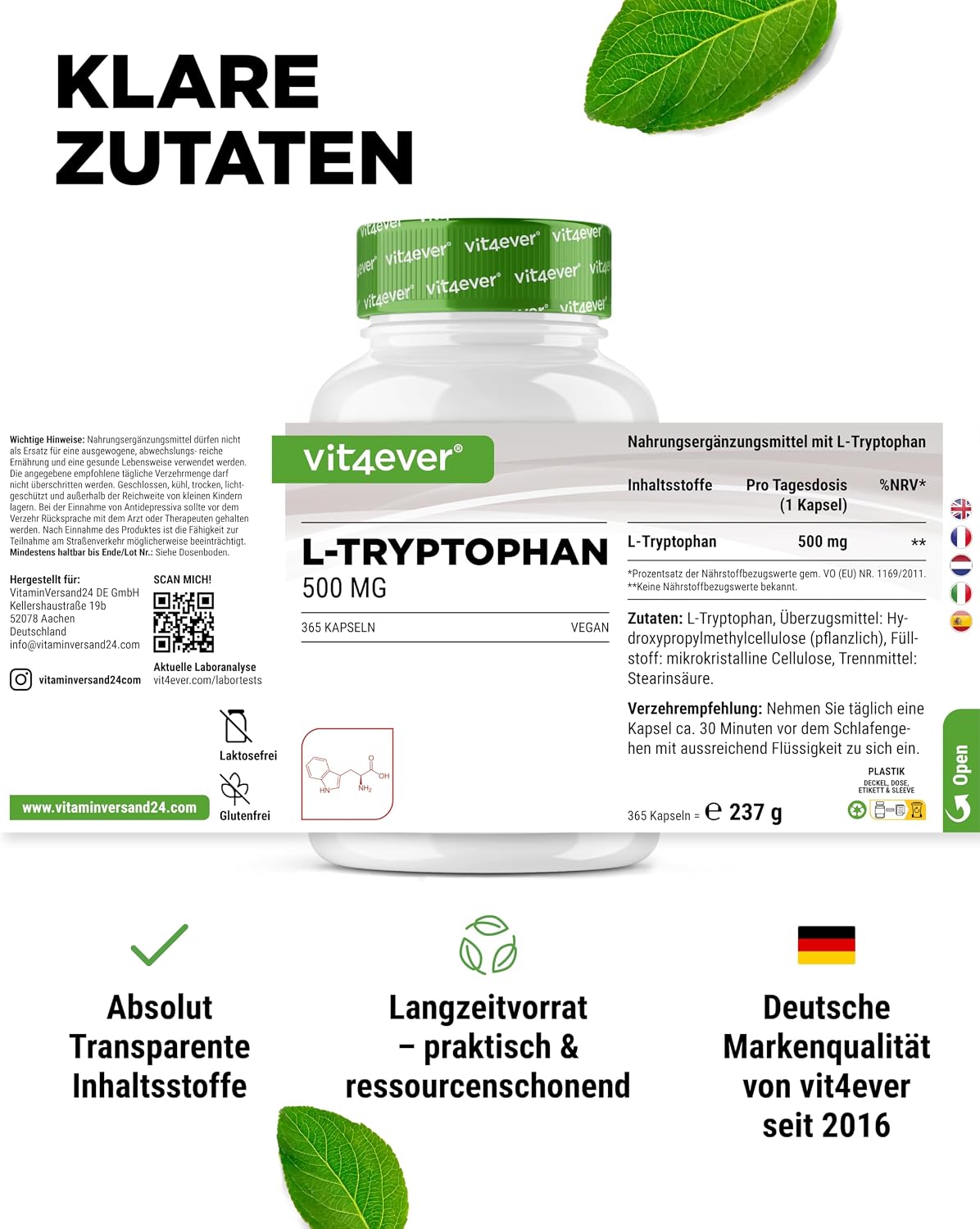 Thumbnail 4 de L-Tryptophan 500 mg 365 Kapseln