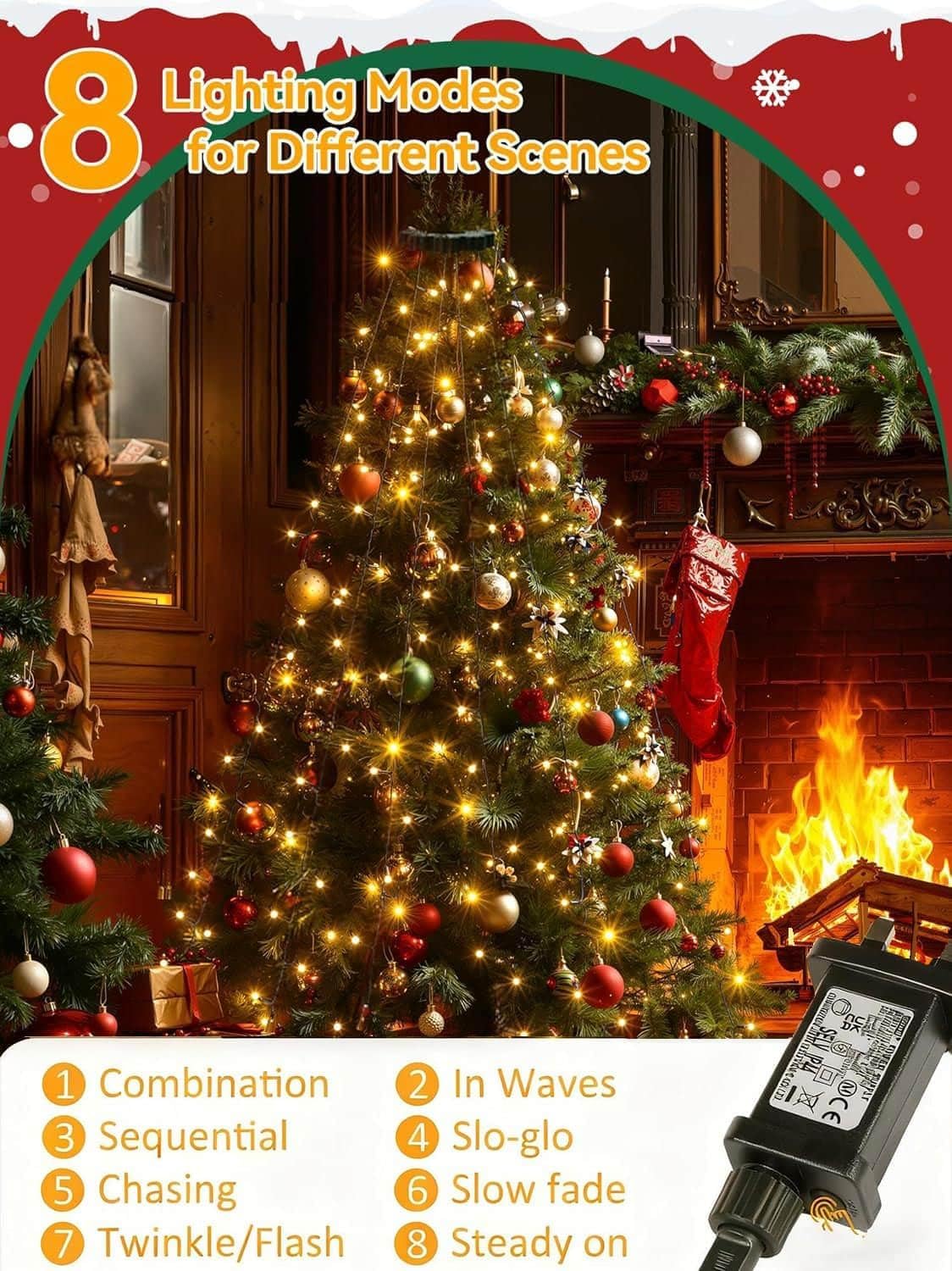Detalle de Joycome JK-EU-YHW kerstboomverlichting met 400 warmwitte leds en 8 lichtmodi