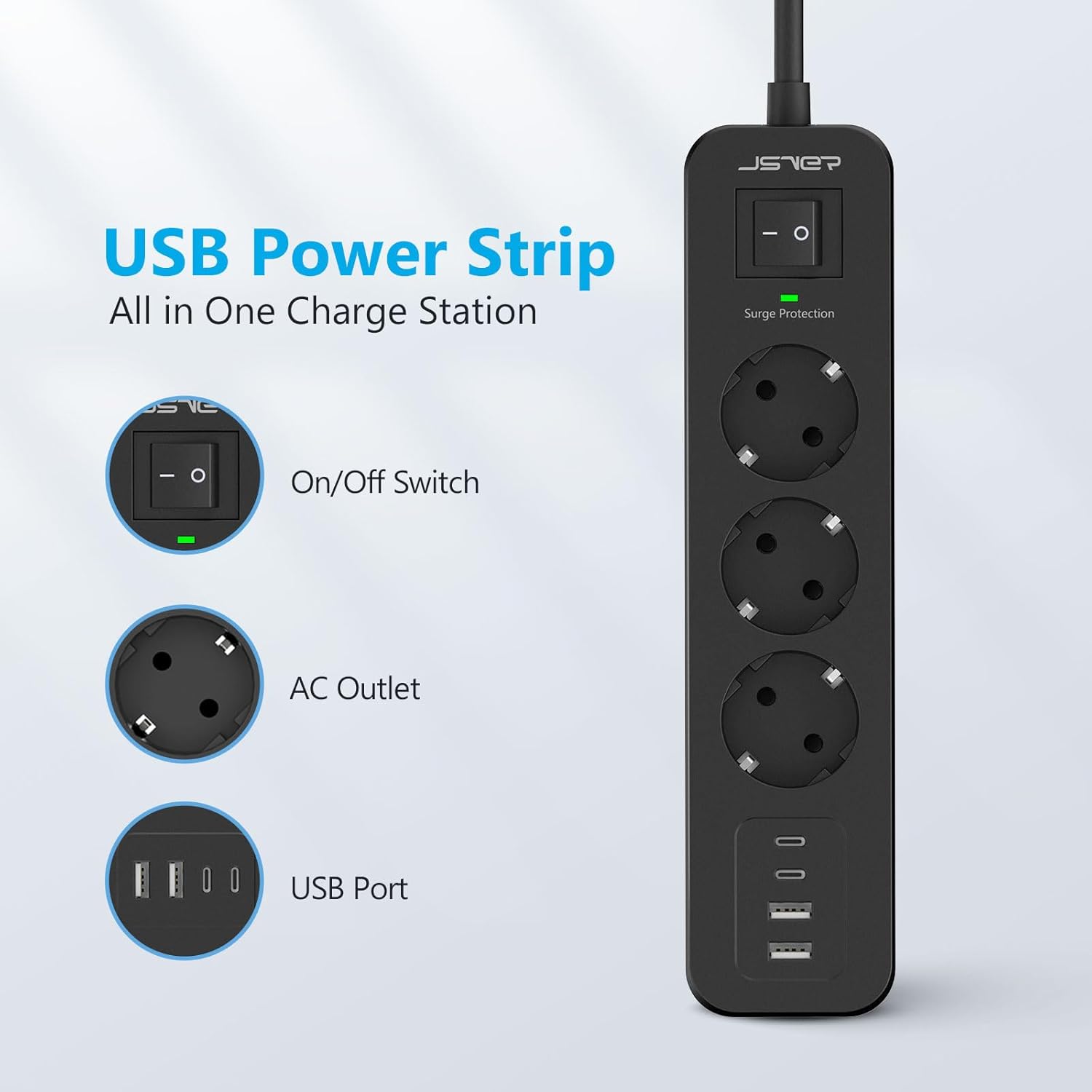 Detalle 2 de Multipresa JSVER 7 in 1 con adattatore: 3 prese CA, USB-A e USB-C, prolunga 2 m