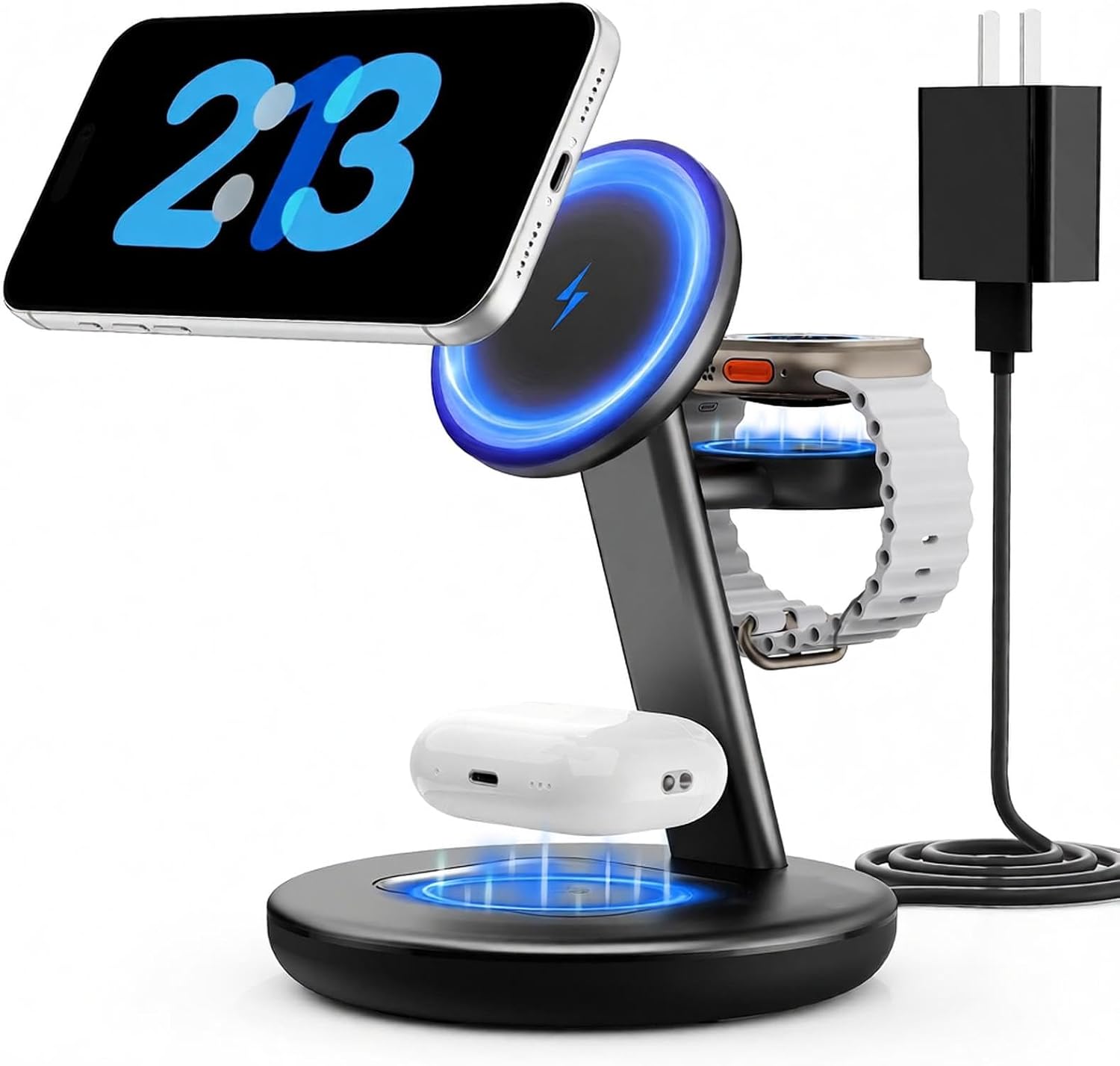 Detalle de LYAOAO 3-in-1 Wireless Charging Station with 15W MagSafe and 5W Apple Watch Support