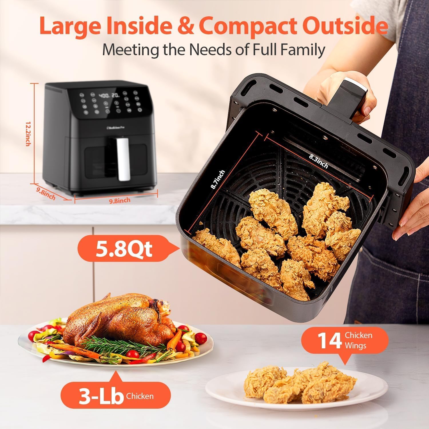 Detalle 2 de Beelicious Large Air Fryer: 12-in-1 Digital Airfryer with Window, 5.8Qt, Flavor-Lock Tech