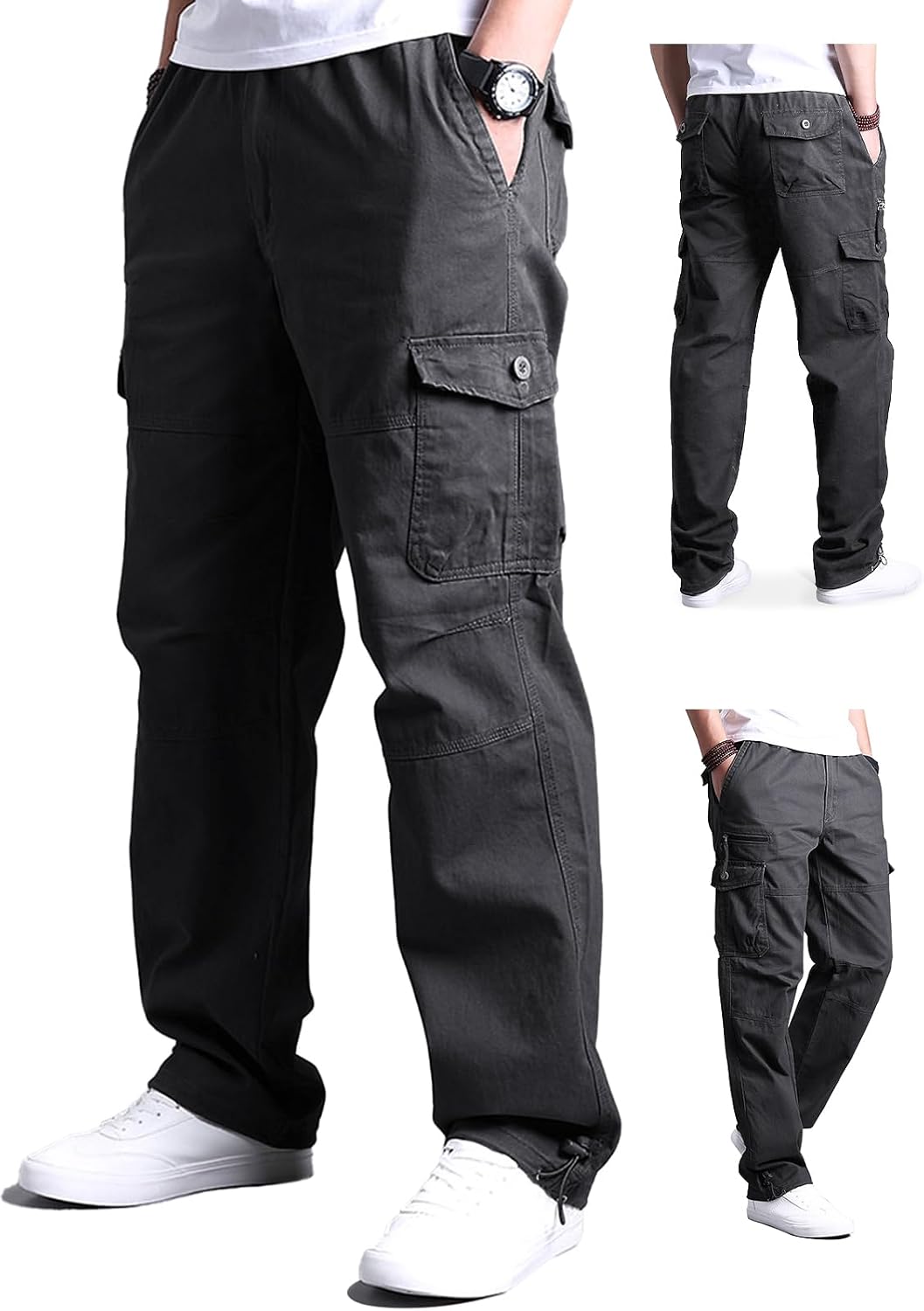 Detalle de Aotoyou Cargohose Herren aus Baumwolle mit 7 Taschen und elastischem Bund – Outdoor-, Wander- und Freizeithose