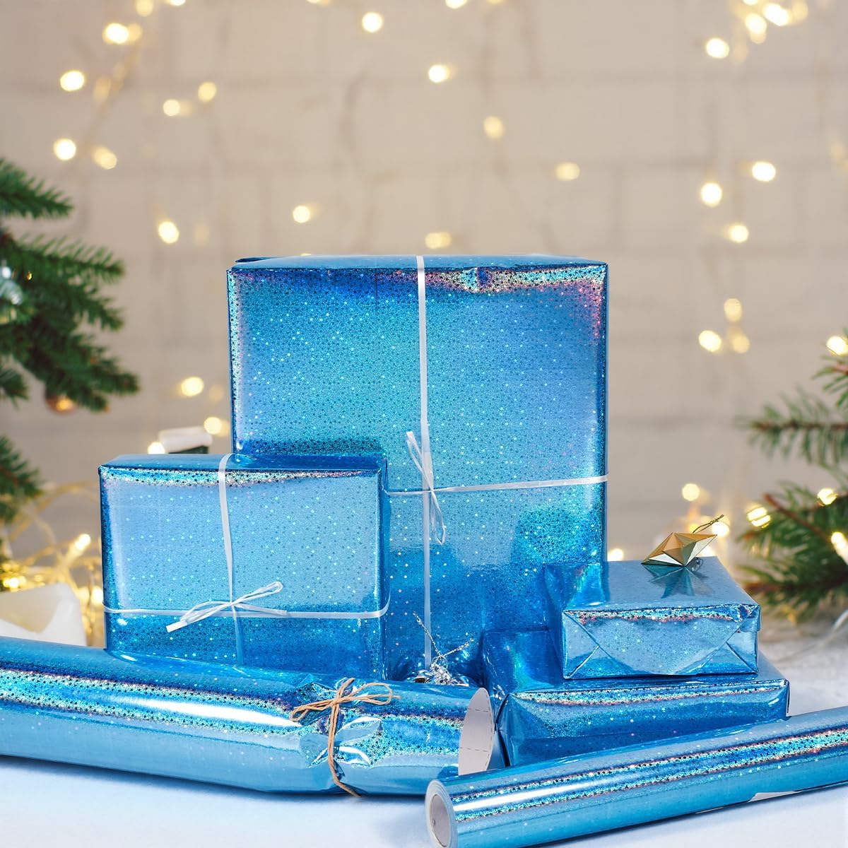 Thumbnail 4 de HJIJIAY Blue Holographic Wrapping Paper Roll (43cm x 10m) with Metallic Stars
