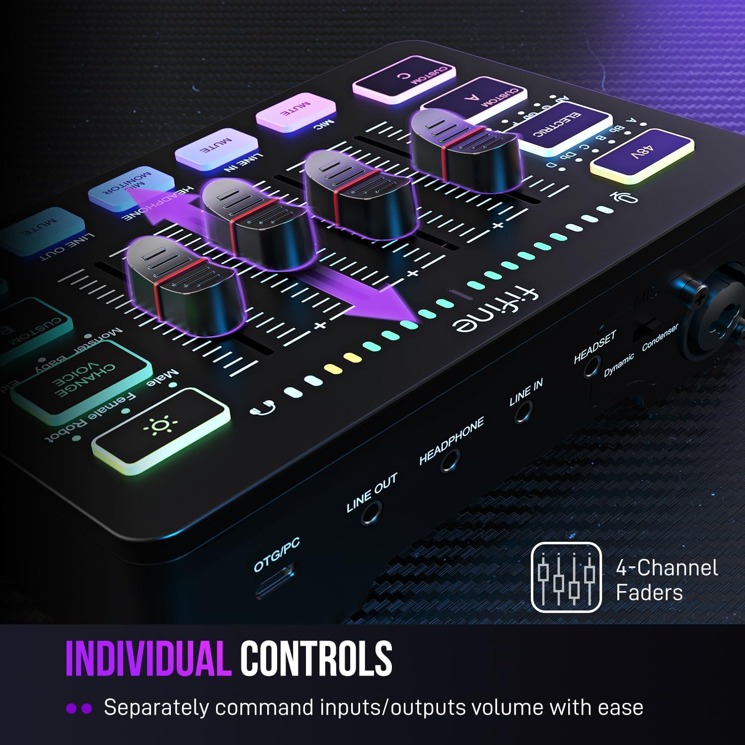 Detalle de FIFINE SC3 4-Channel RGB Gaming Audio Mixer with XLR Input and 48V Phantom Power