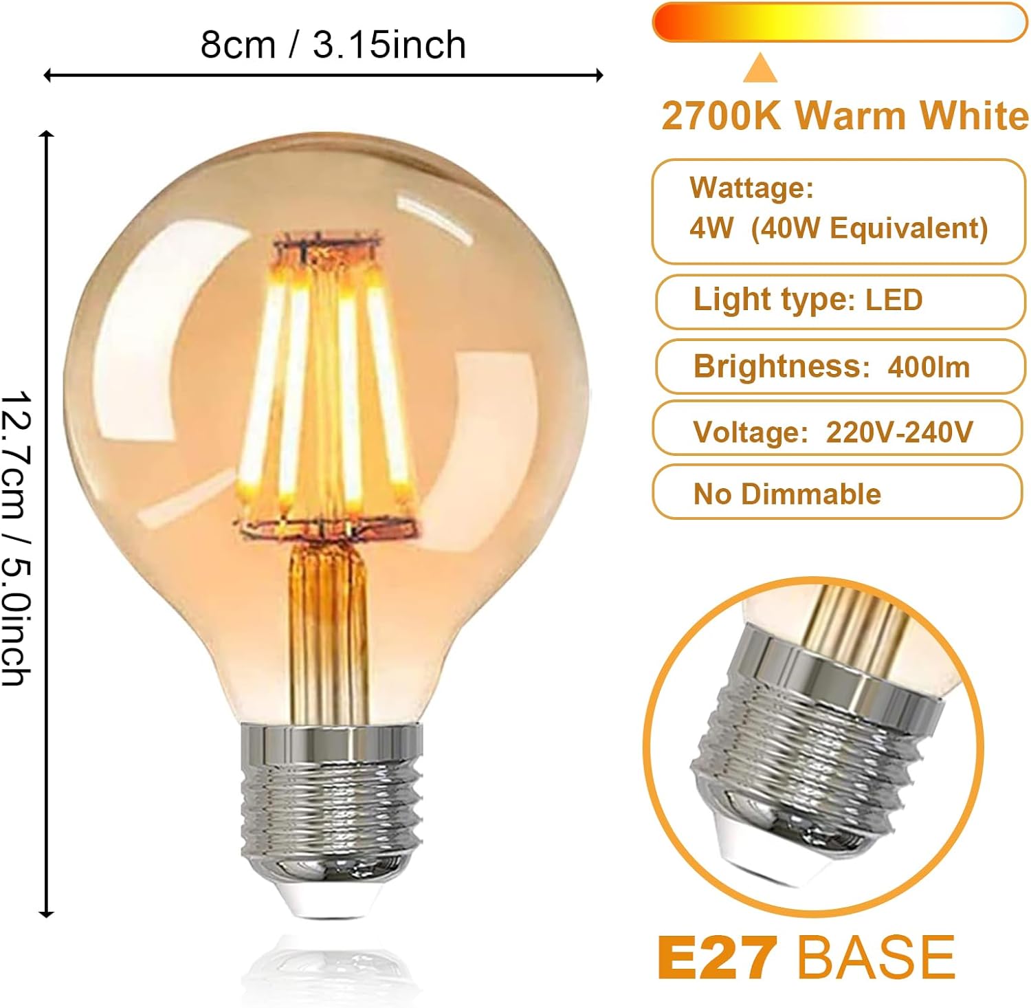 Thumbnail 2 de YOUDIAN E27 LED Edison Filament Bulb (Pack of 6): 4W 2700K, 400 lm, CRI >90, Amber Glass