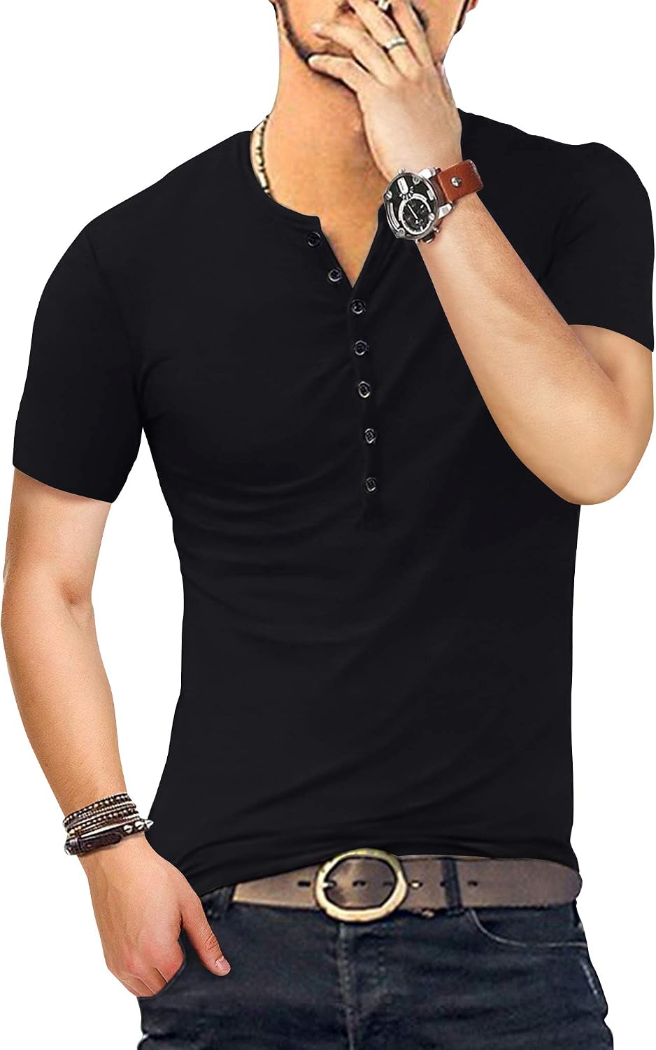 Thumbnail 6 de KUYIGO Mens Cotton Henley Slim Fit 95% Cotton