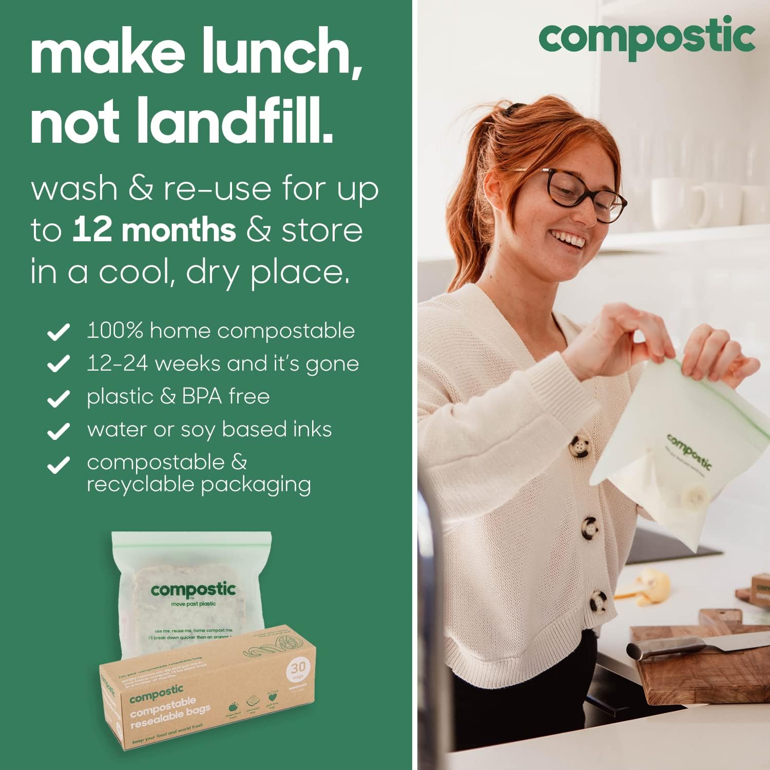 Thumbnail 4 de Compostic Compostable XL Sandwich Bags (180 + 20 Count Bulk Pack) with Reusable Zip-Seal
