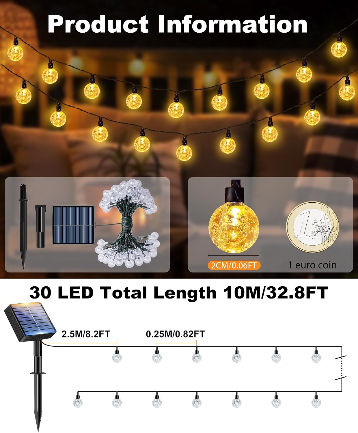 Detalle 2 de btfarm 15 m Solar-Lichterkette mit 50 LED (Kristallkugeln) für außen – 8 Modi, warmweiß, IP65