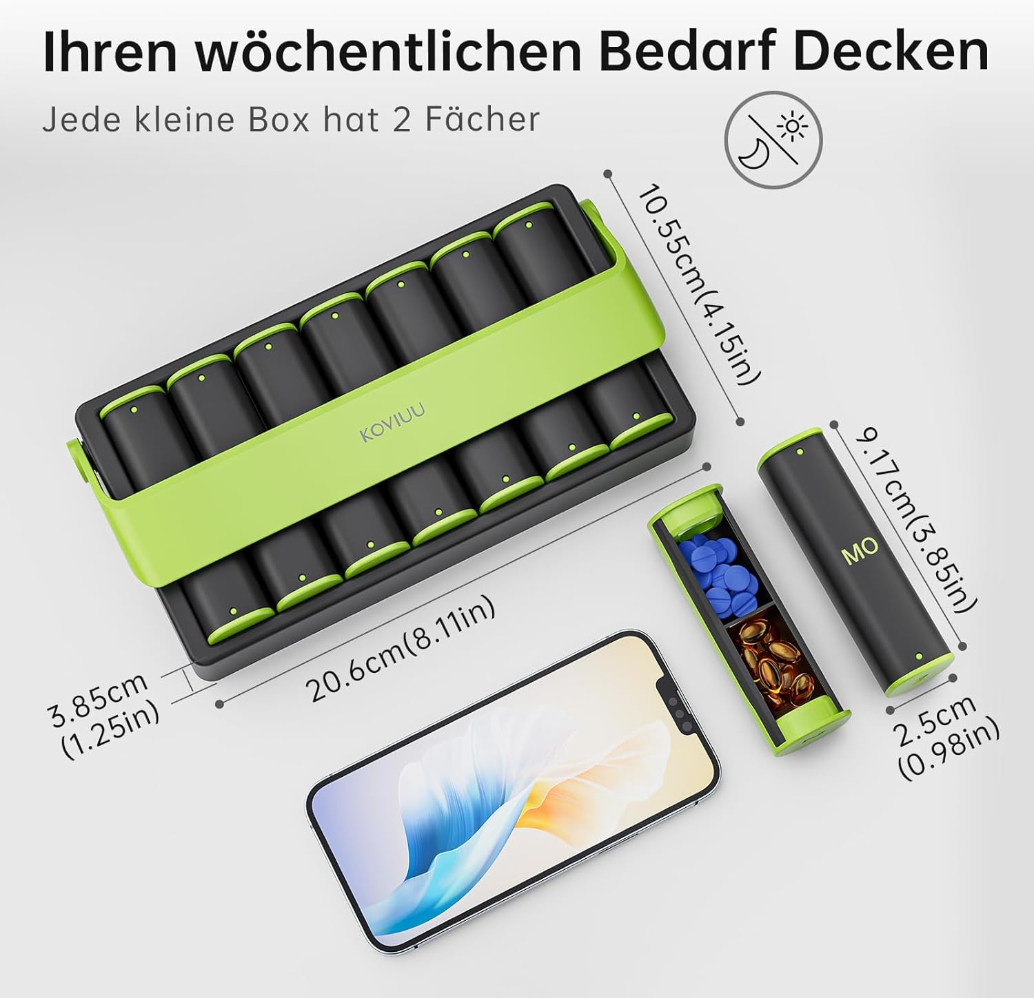 Detalle 2 de KOVIUU Tablettenbox 7 Tage Morgens Abends – Große 2-Fächer Pillendose für unterwegs