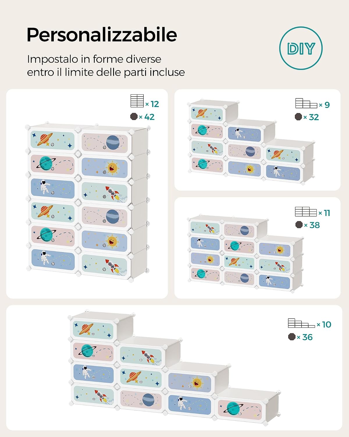Detalle de SONGMICS Scarpiera a 12 scomparti per bambini con ante e motivi stellari LPC907W01, 31 x 81 x 106 cm