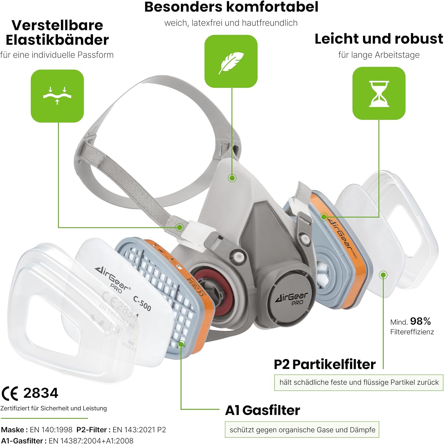 Detalle de AirGearPro G-500 Atemschutzmaske mit A1P2 Filter – Wiederverwendbare Halbmaske mit Gas- und Staubfilterung