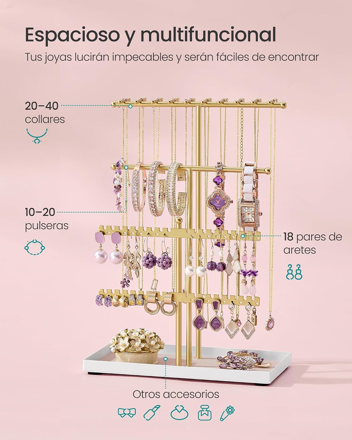 Detalle de SONGMICS Portajoyas JJS036AB01: Portajoyas de metal con bandeja de terciopelo y tres marcos para ordenar collares, pulseras, pendientes y anillos