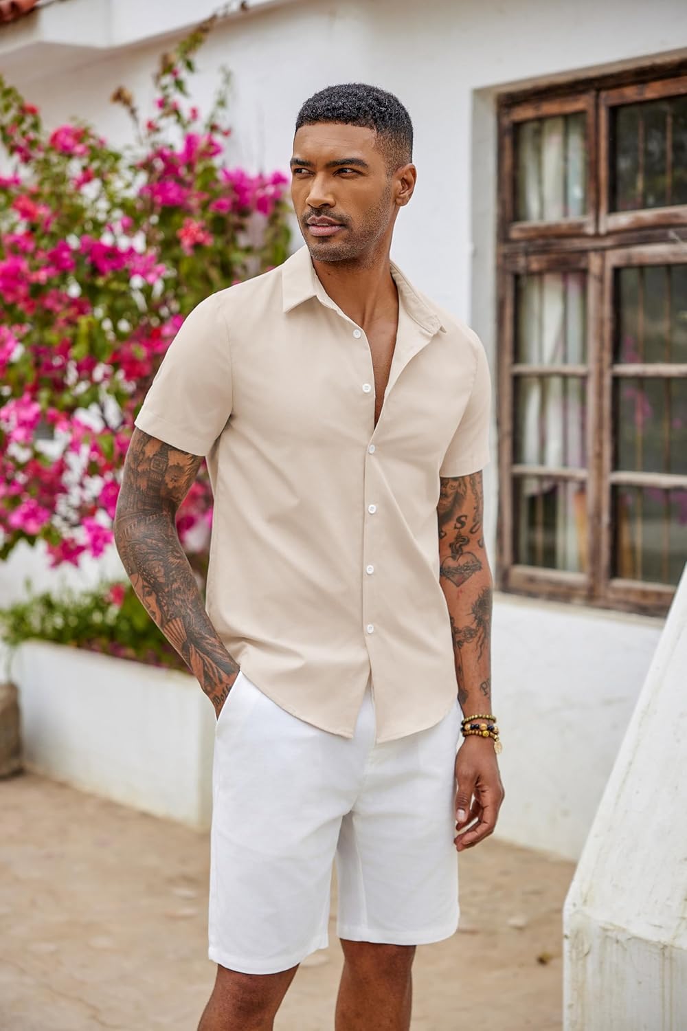 Detalle 2 de COOFANDY Chemise à Manches Courtes pour Homme – Coupe ajustée, sans repassage, idéale pour l’été
