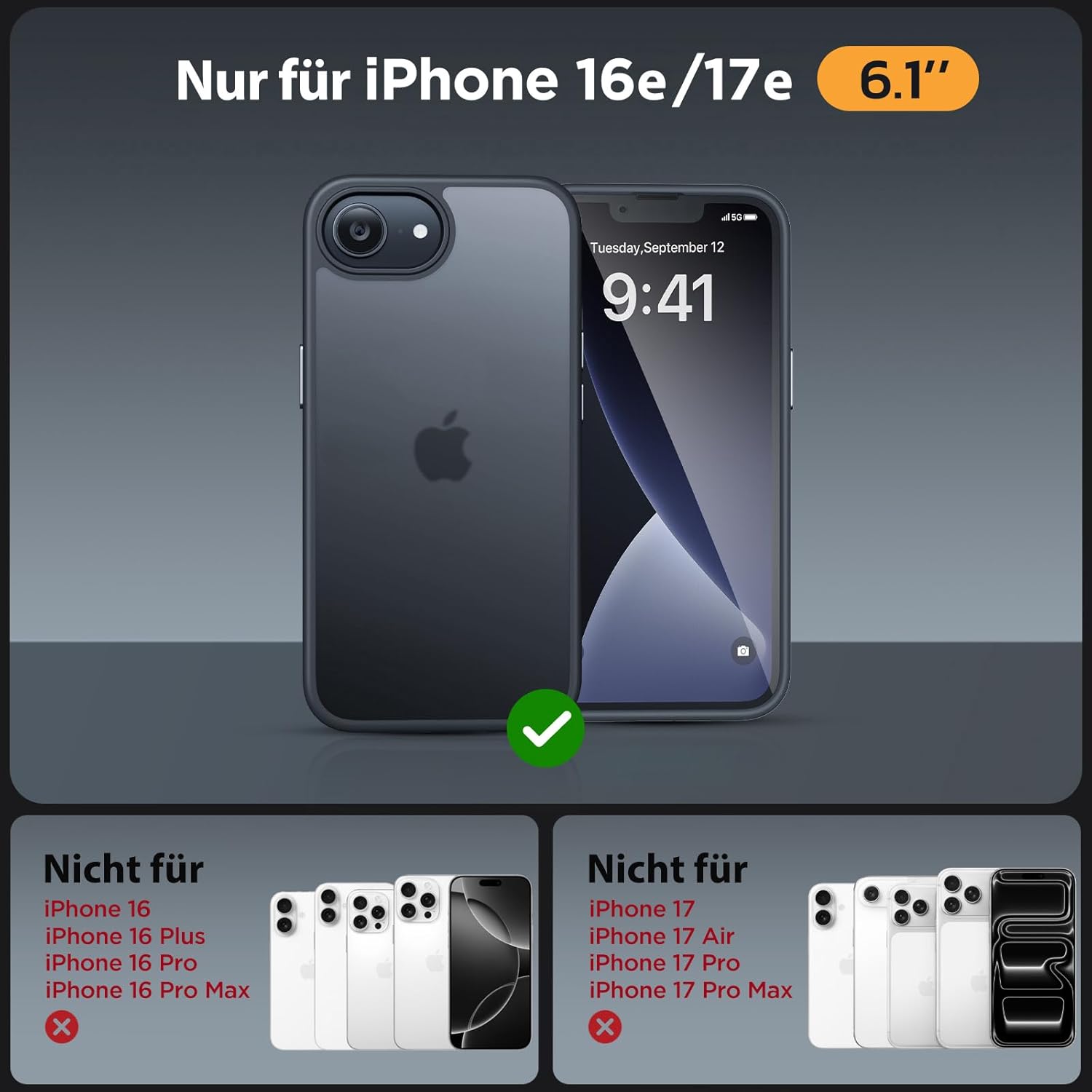 Thumbnail 5 de Miracase für iPhone 17e/16e: Stoßfeste Hülle mit 2× 9H+ Schutzglas (militärischer Fallschutz) & Magnetkraft, Matt Schwarz