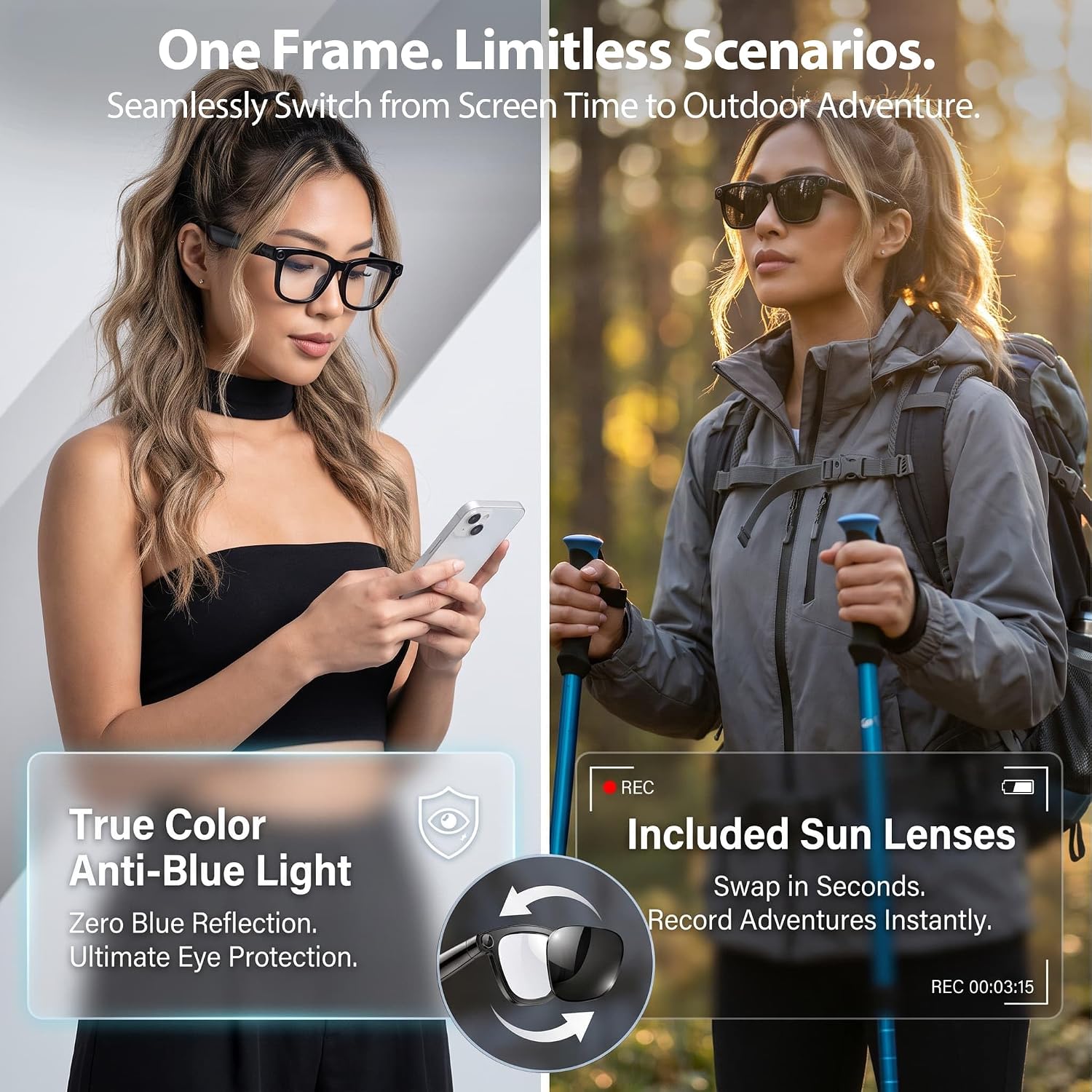 Detalle 2 de EarlySincere Smart Glasses with 8MP 4K POV Camera, Bluetooth Audio, AI Translation & Meeting Transcriber