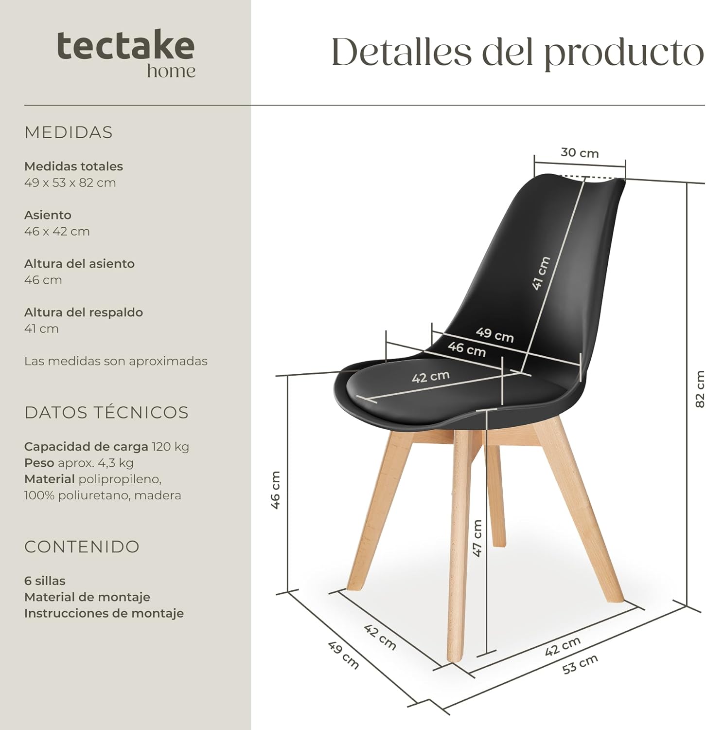 Thumbnail 2 de tectake Sillas de Comedor set 6 Negro