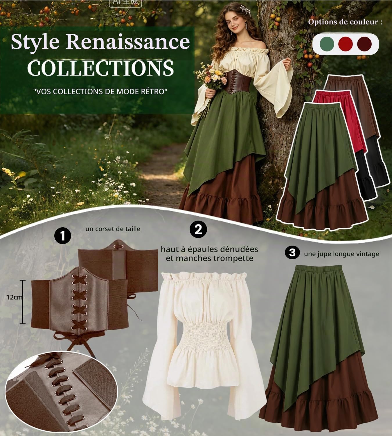Thumbnail 6 de Kasahara middeleeuws dameskostuum met offshoulderjurk, corset en riemtas