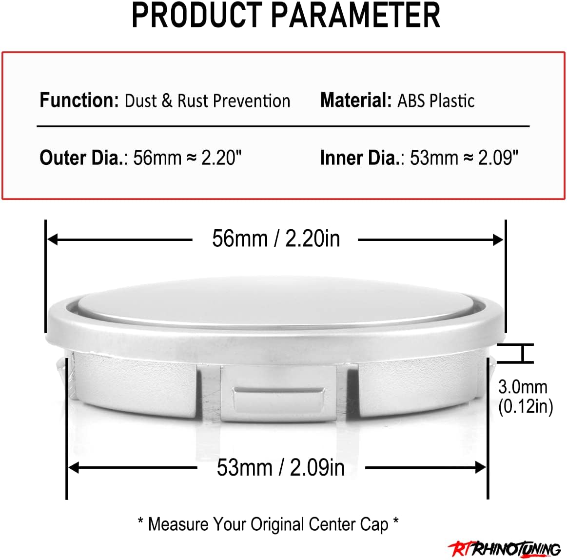 Detalle 2 de RhinoTuning 56 mm Wheel Center Caps 4-Pack for Subaru Outback Gen5 – Pearl Chromium