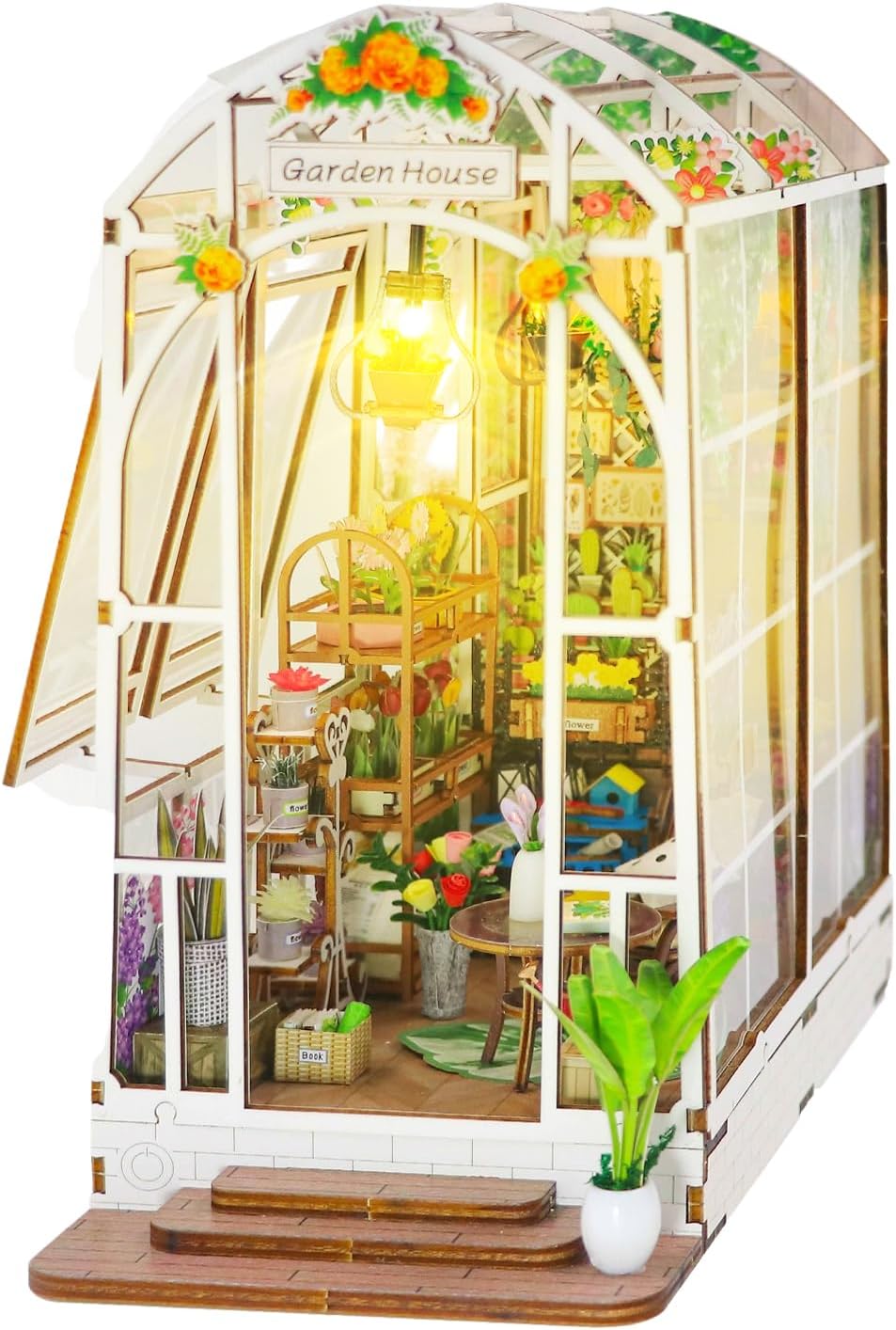 Detalle de FEIMUOSI DIY Book Nook houten miniatuurset met meubels, ledverlichting en muziek