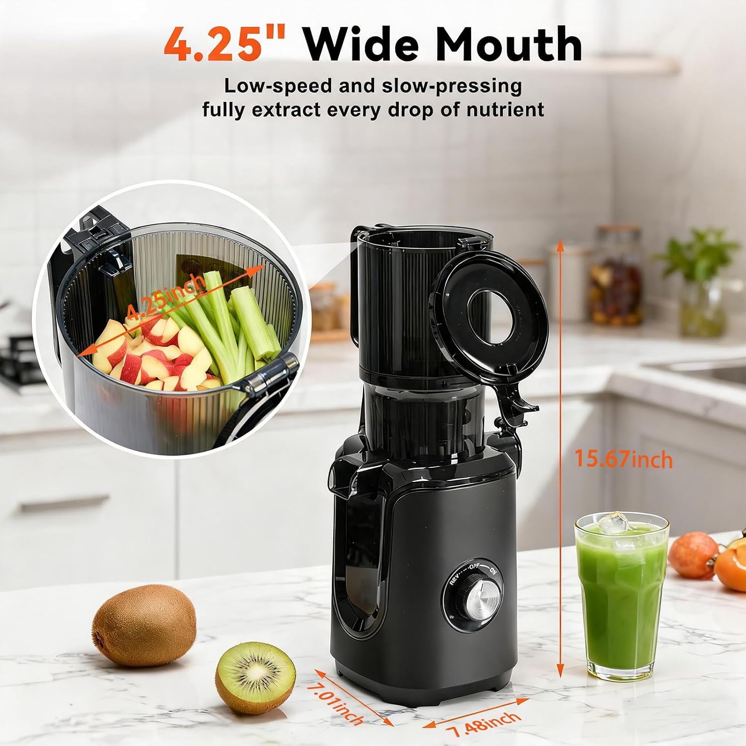 Detalle de NEWBULIG Cold Press Juicer with 4.25-Inch Feed Chute